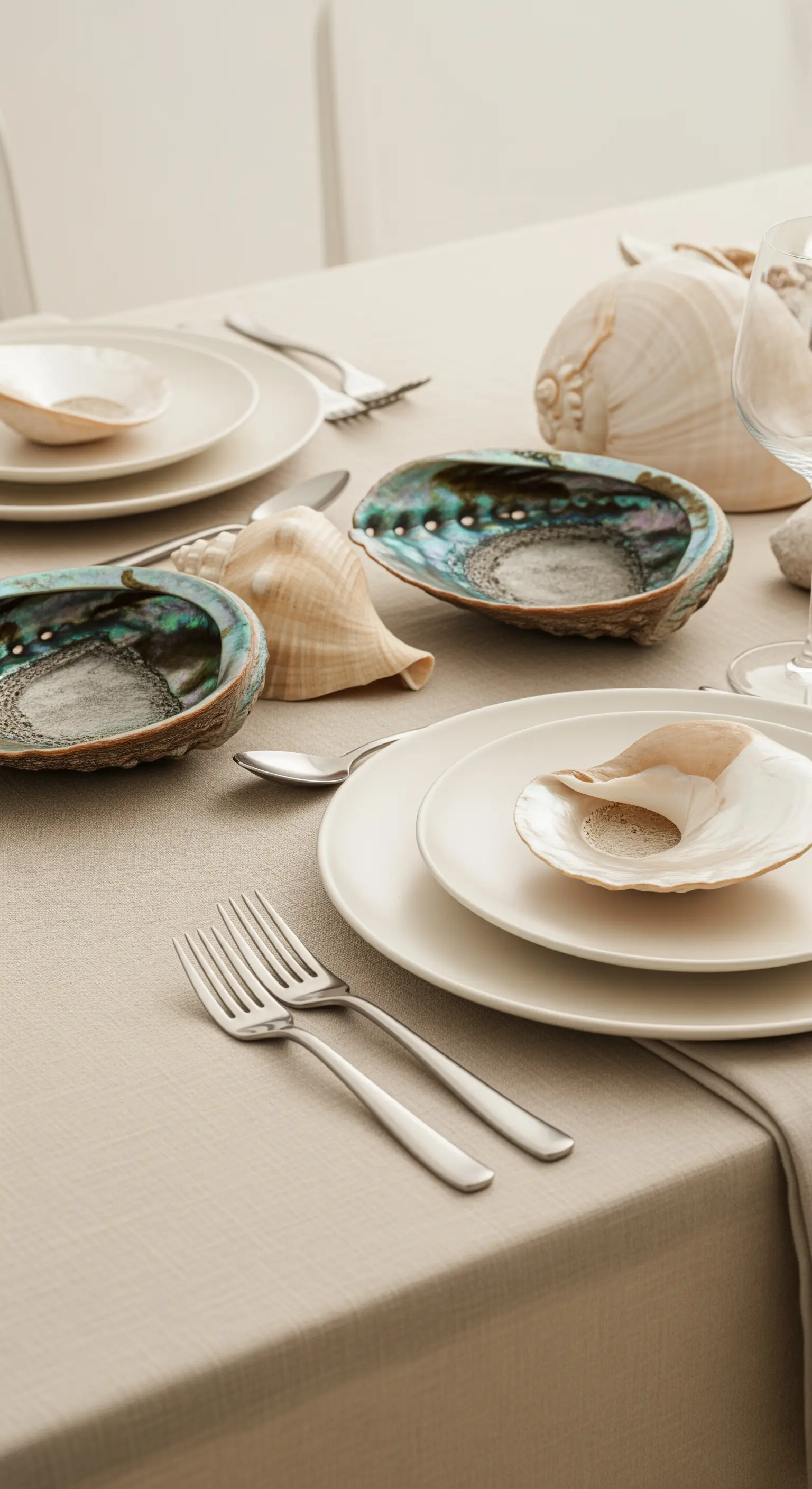 Minimalistische Tischdeko mit weißen Tellern und großen, schimmernden Abalone-Muscheln.