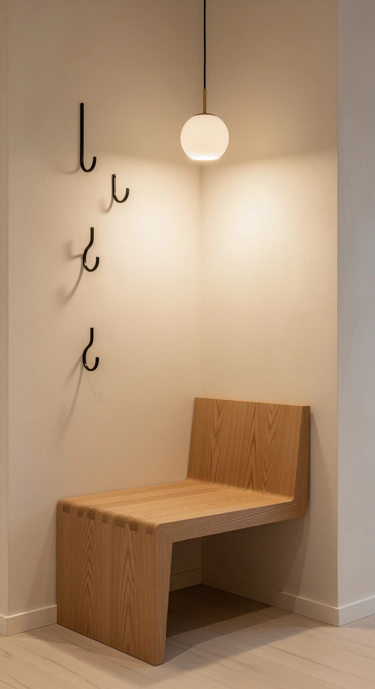 Minimalistische Holzsitzbank in einer Ecke mit schwarzen Wandhaken und einer Pendelleuchte.