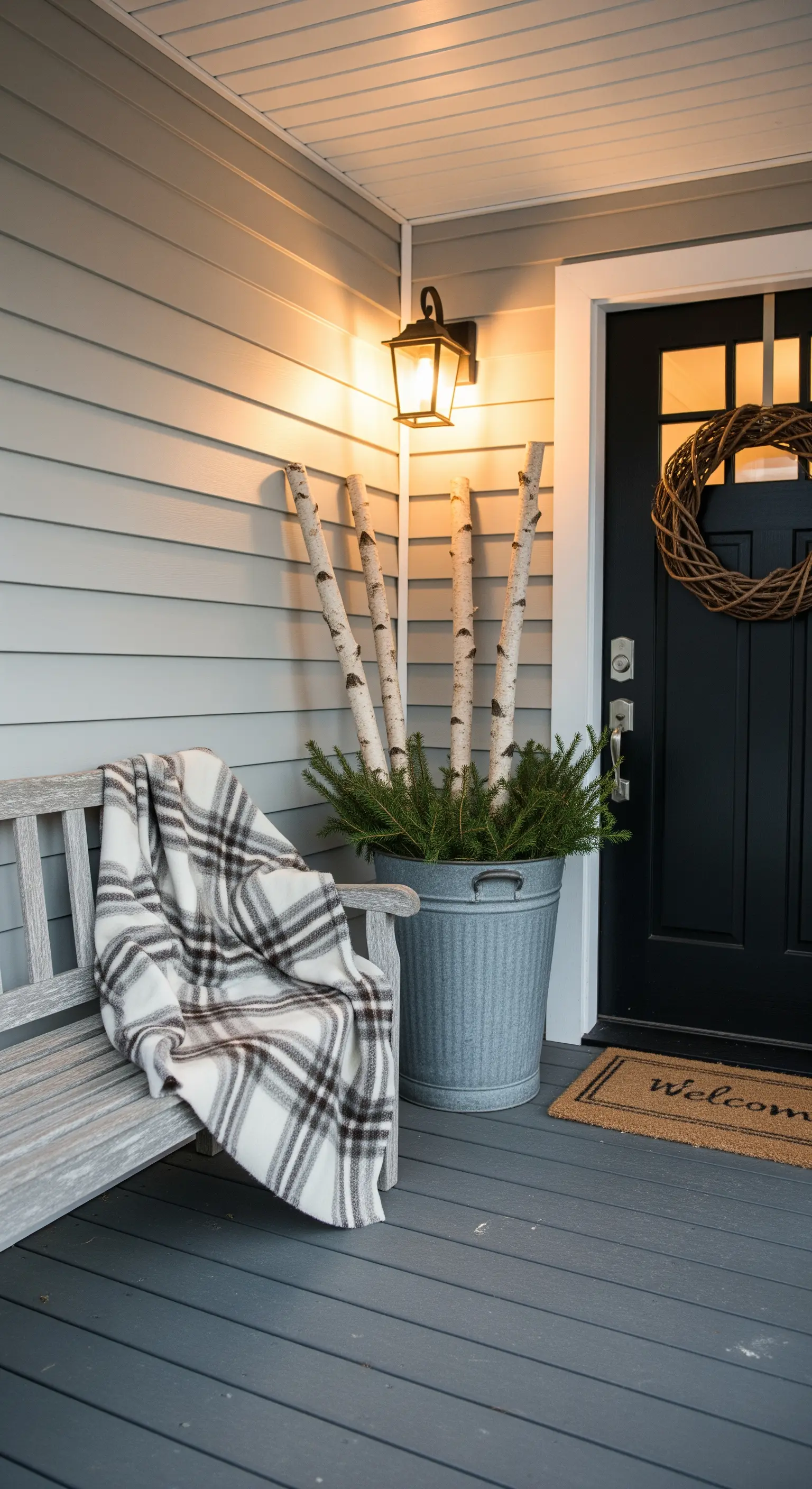 Eingangsbereich mit einem Metalleimer, der mit Tannenzweigen und Birkenstämmen gefüllt ist.