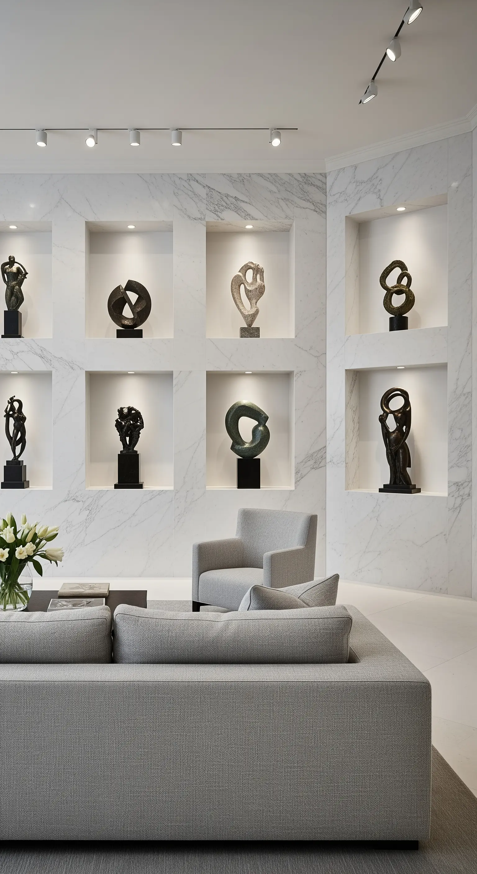 Moderne Marmorwand mit beleuchteten Nischen, in denen abstrakte Skulpturen ausgestellt sind.