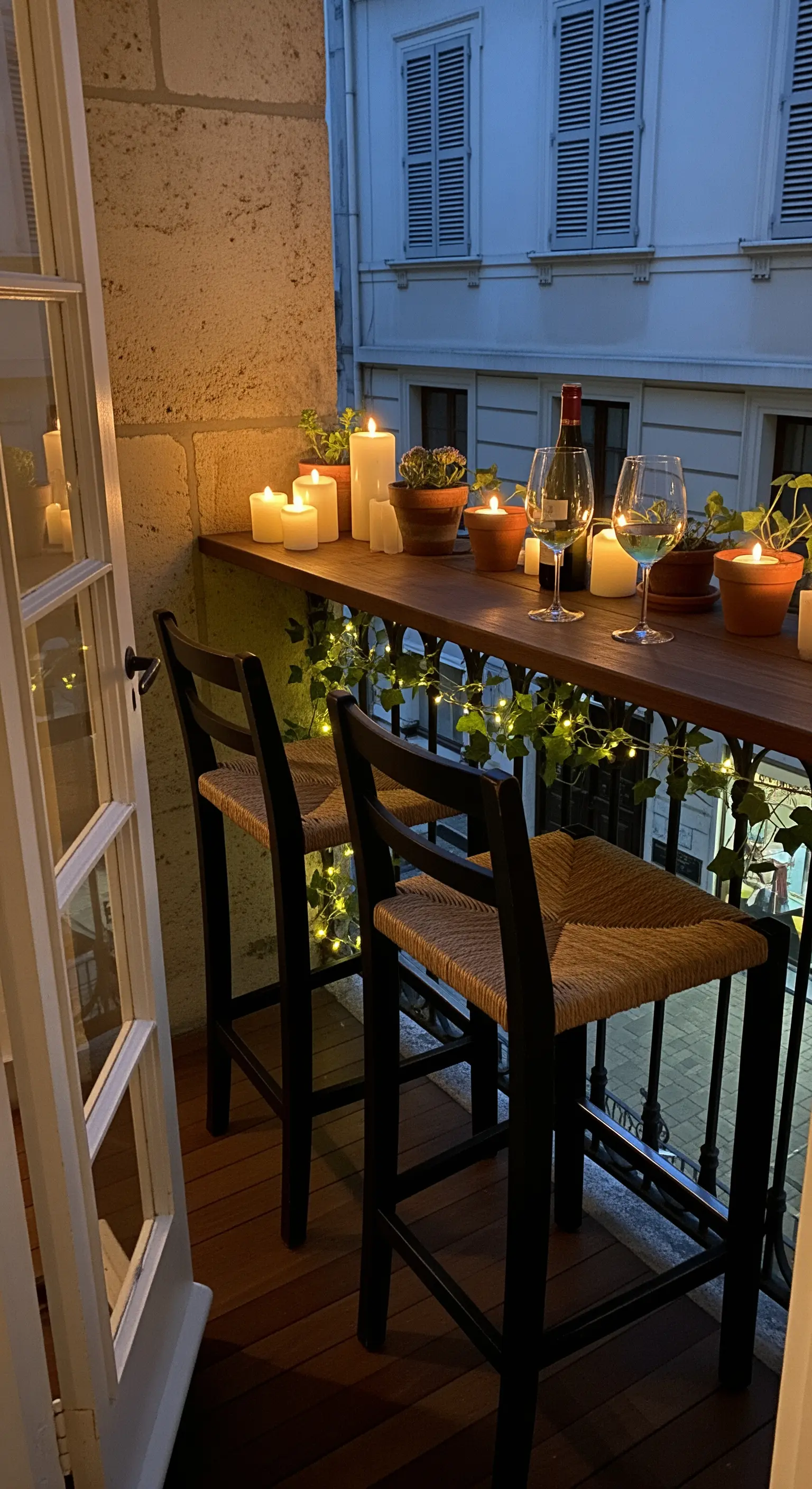 Schmaler Balkon mit Hochtisch am Geländer, Kerzen und Lichterkette