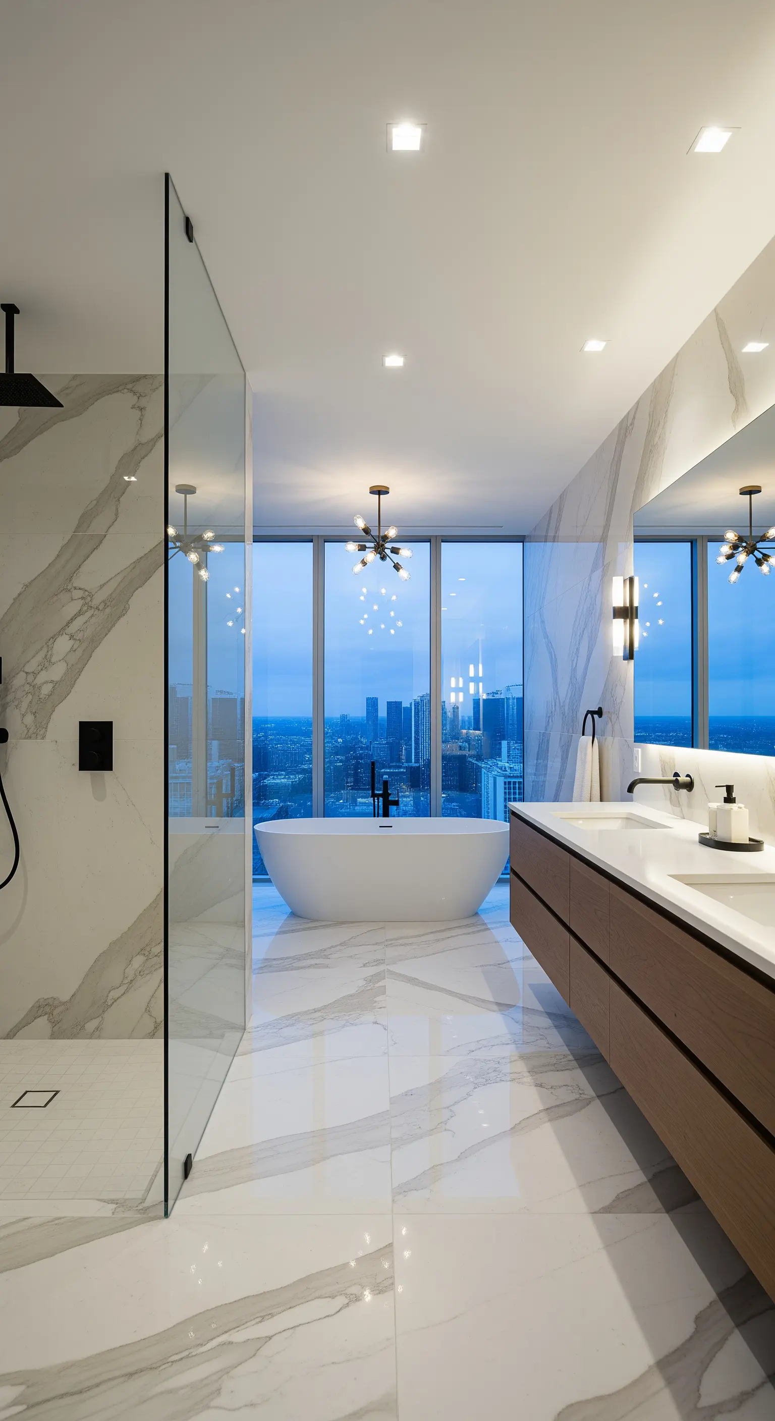 Modernes Marmorbad mit freistehender Wanne vor einem Panoramafenster mit Stadtblick