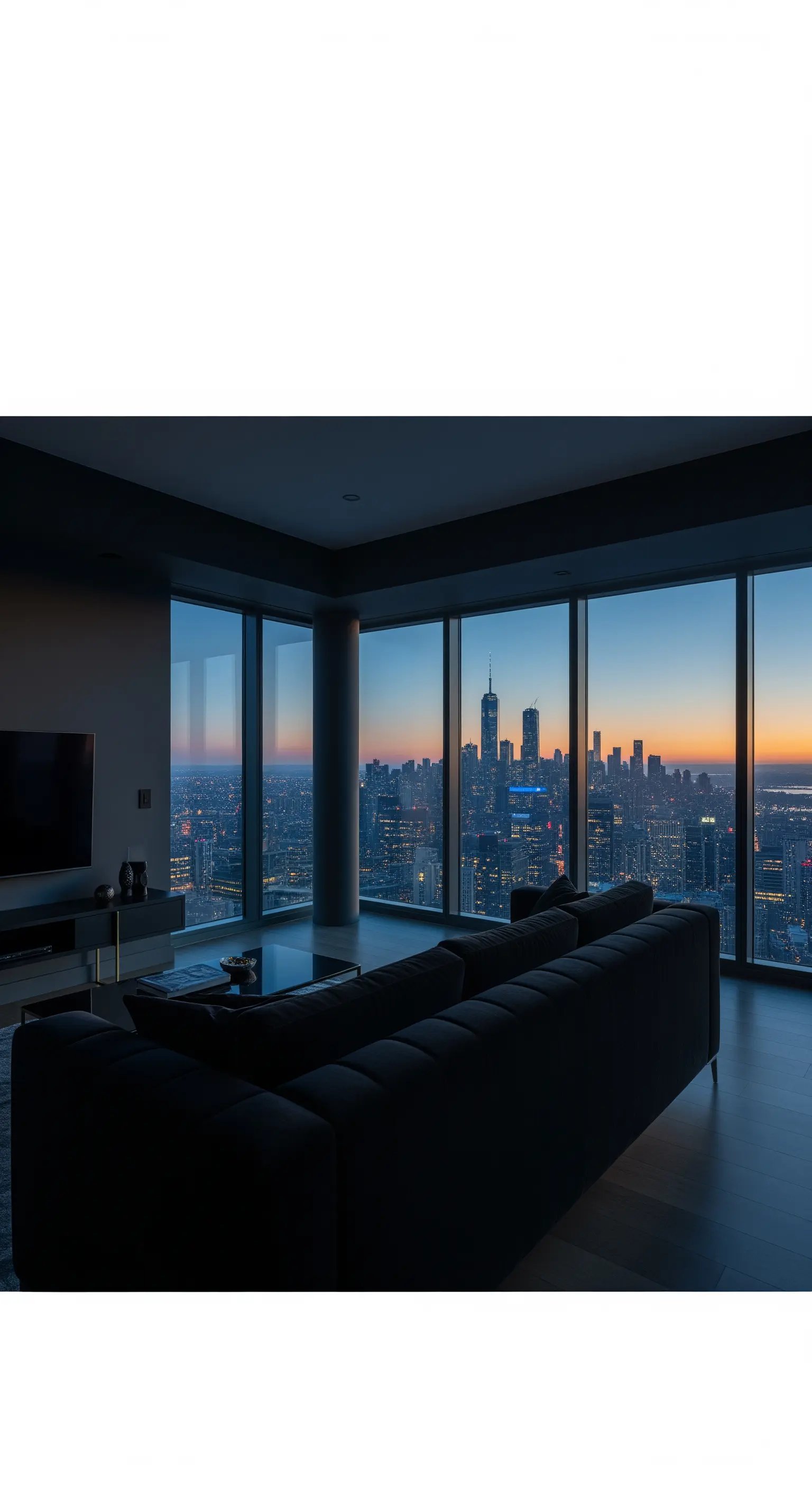 Wohnzimmer mit bodentiefen Fenstern und Blick auf eine beleuchtete Skyline bei Nacht