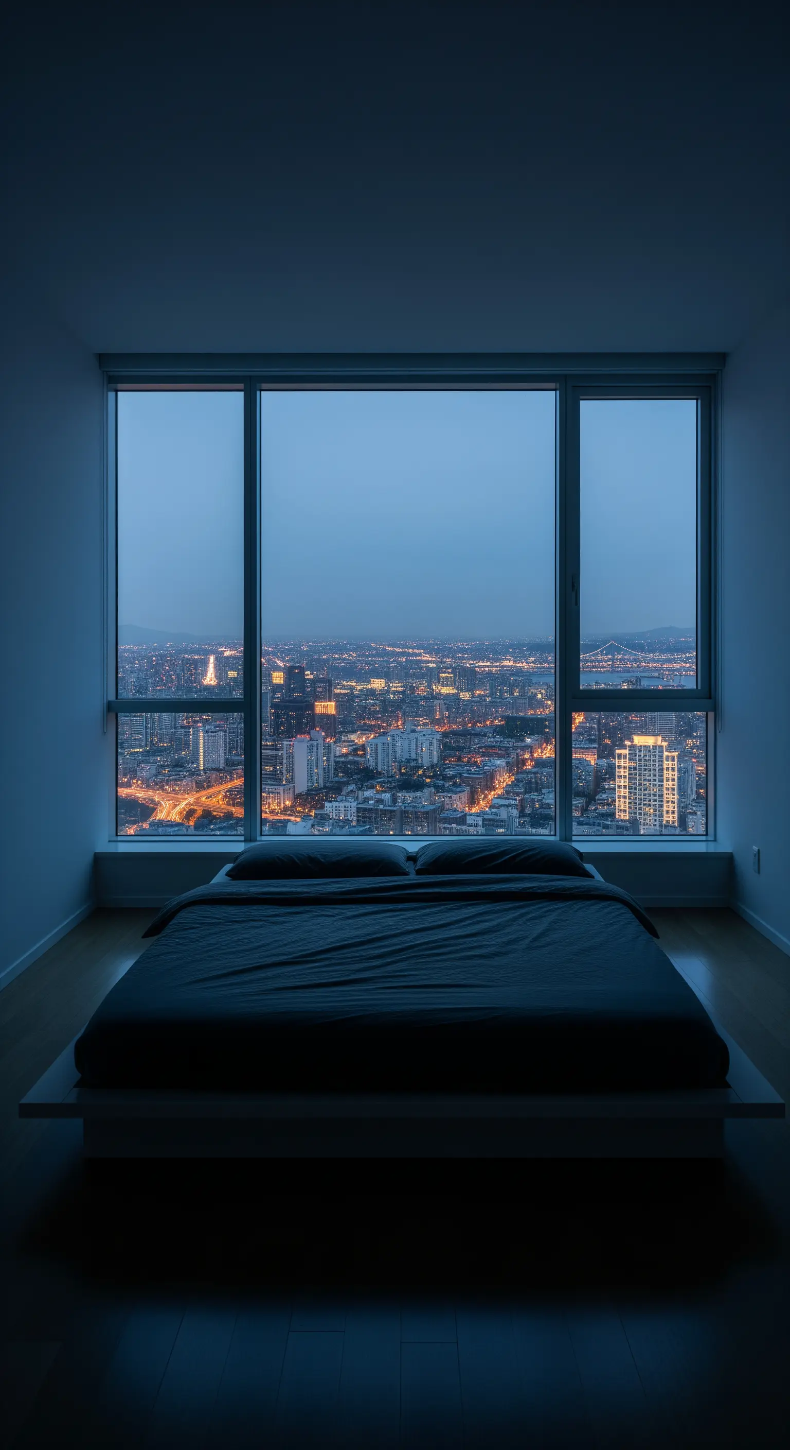 Minimalistisches Schlafzimmer mit bodentiefem Fenster und Blick auf eine leuchtende Stadt bei Nacht.