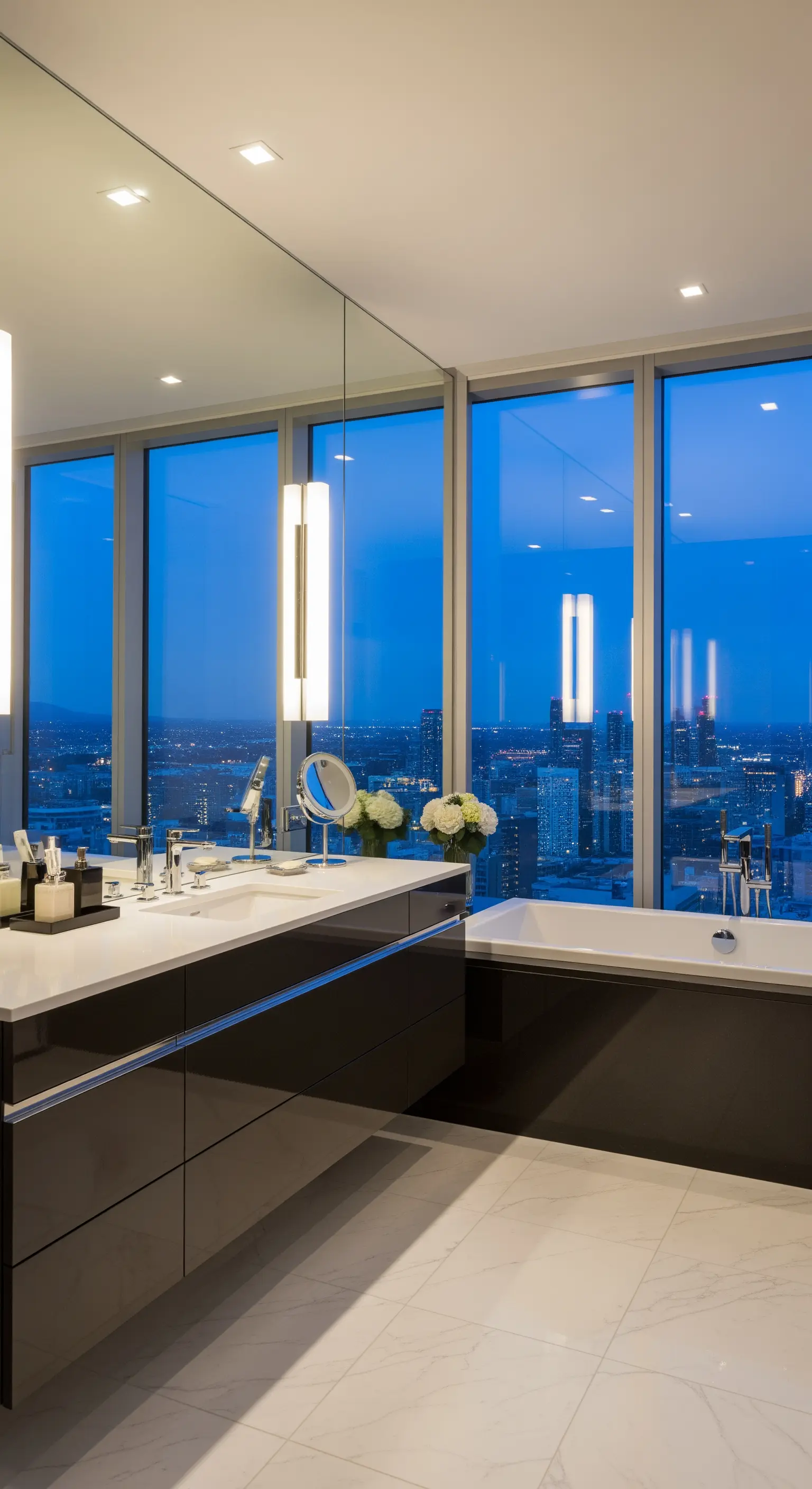 Modernes Badezimmer mit Spiegelwand gegenüber einem Panoramafenster mit Blick auf die Stadt.