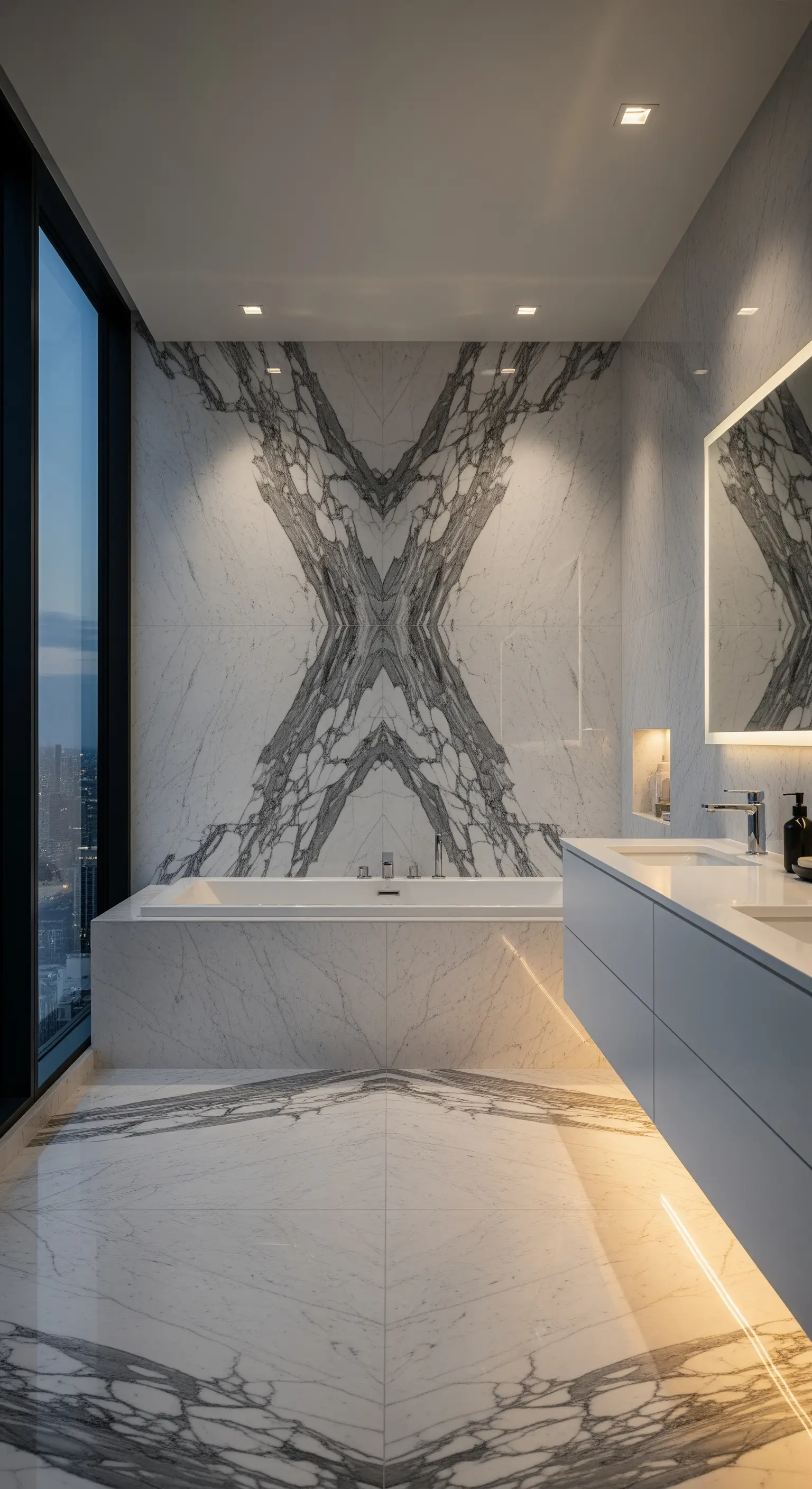 Luxus-Badezimmer mit gespiegelter Marmorwand und Panoramablick auf die Stadt.