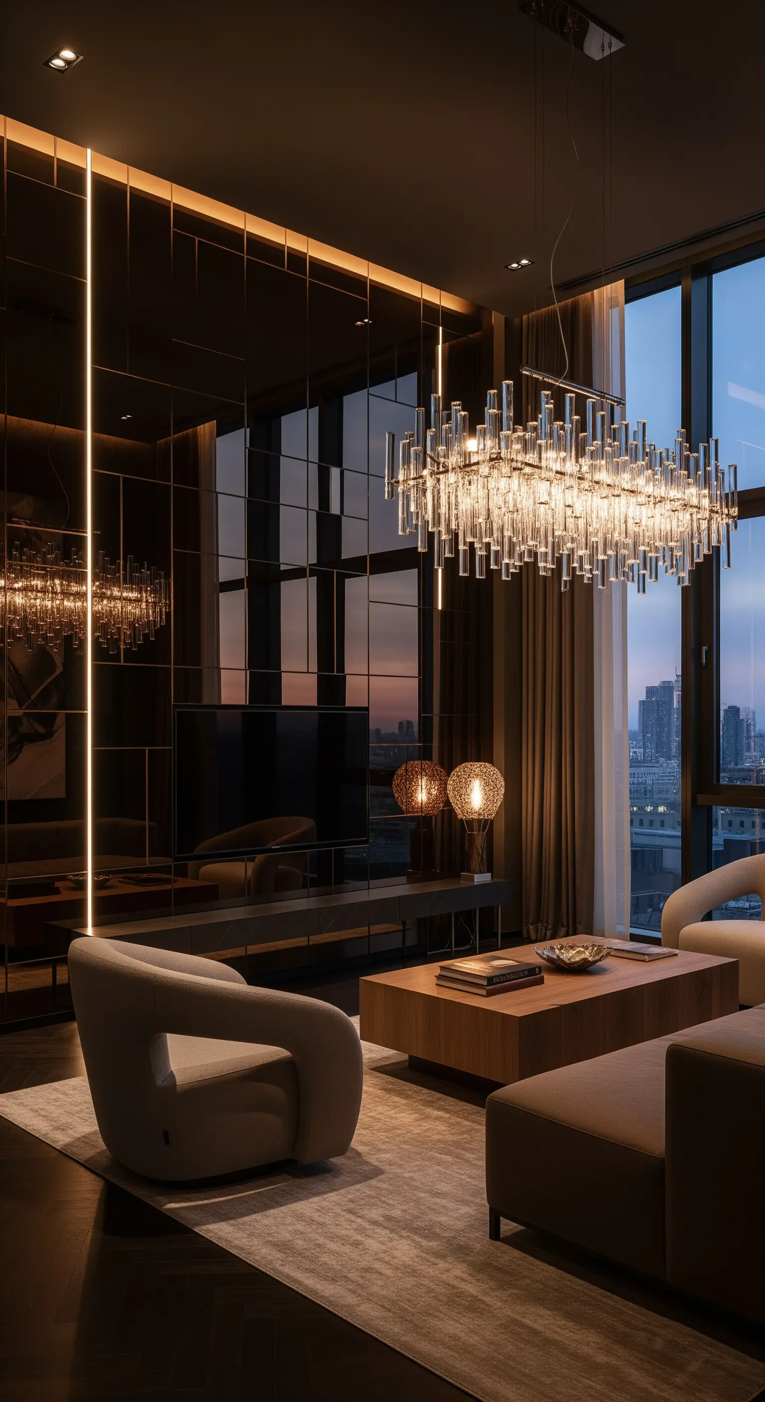 Modernes Wohnzimmer mit getönter Spiegelwand und Blick auf die nächtliche Stadt.