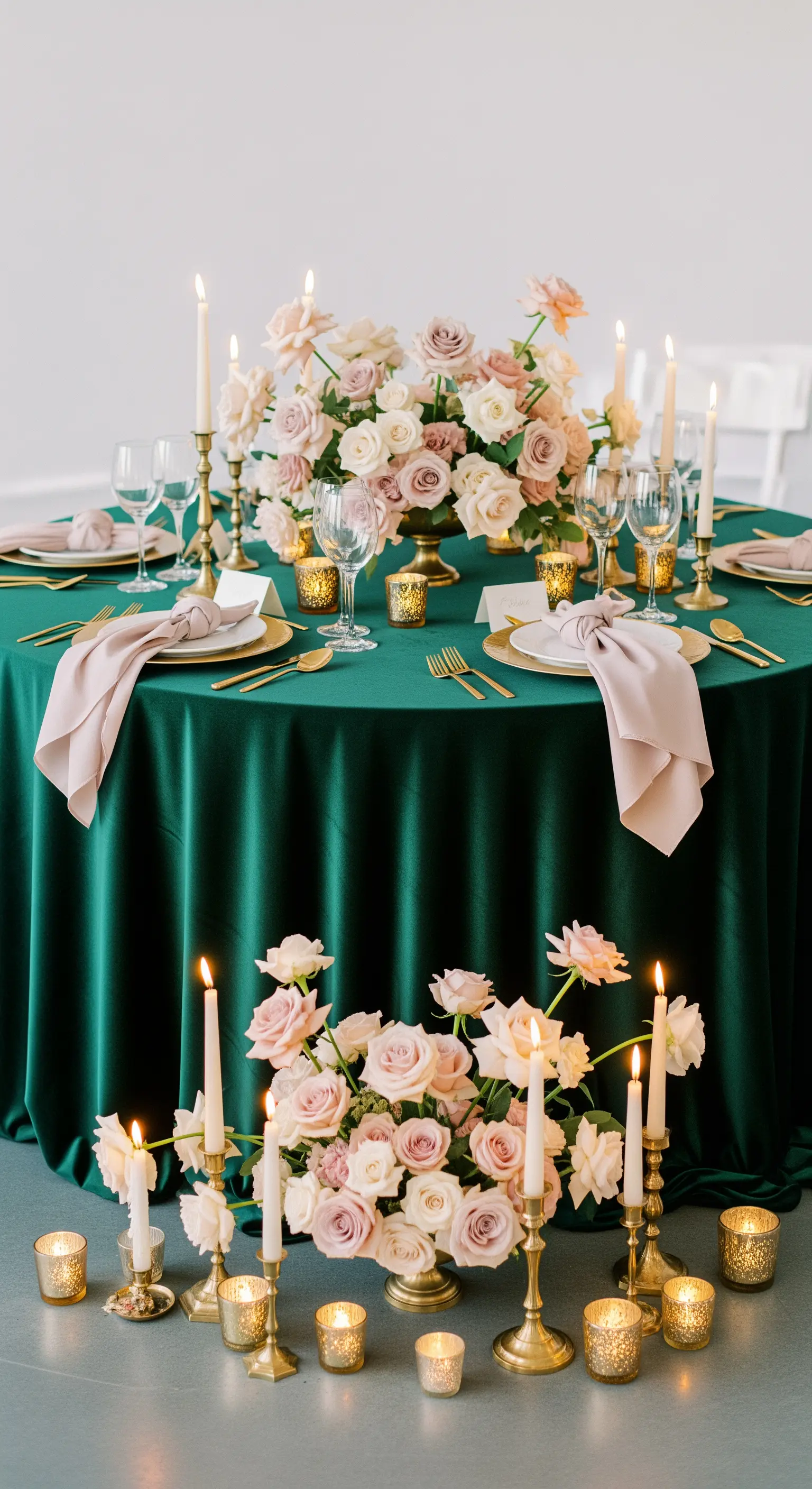 Runder Tisch mit grünem Samt, Goldakzenten und Rosen-Arrangements auf und neben dem Tisch.