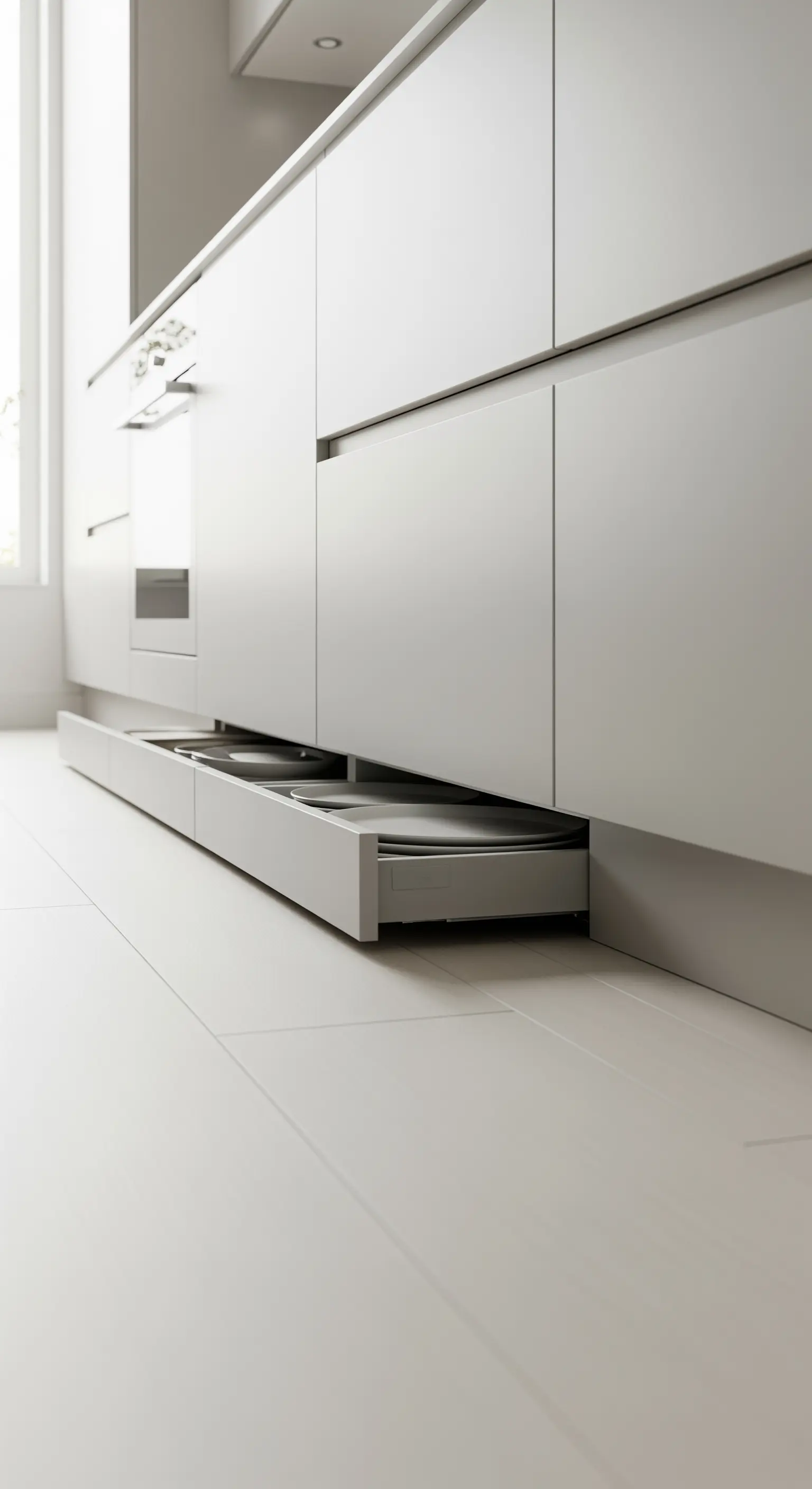 Eine geöffnete, flache Schublade im Sockelbereich einer minimalistischen, weißen Küche.