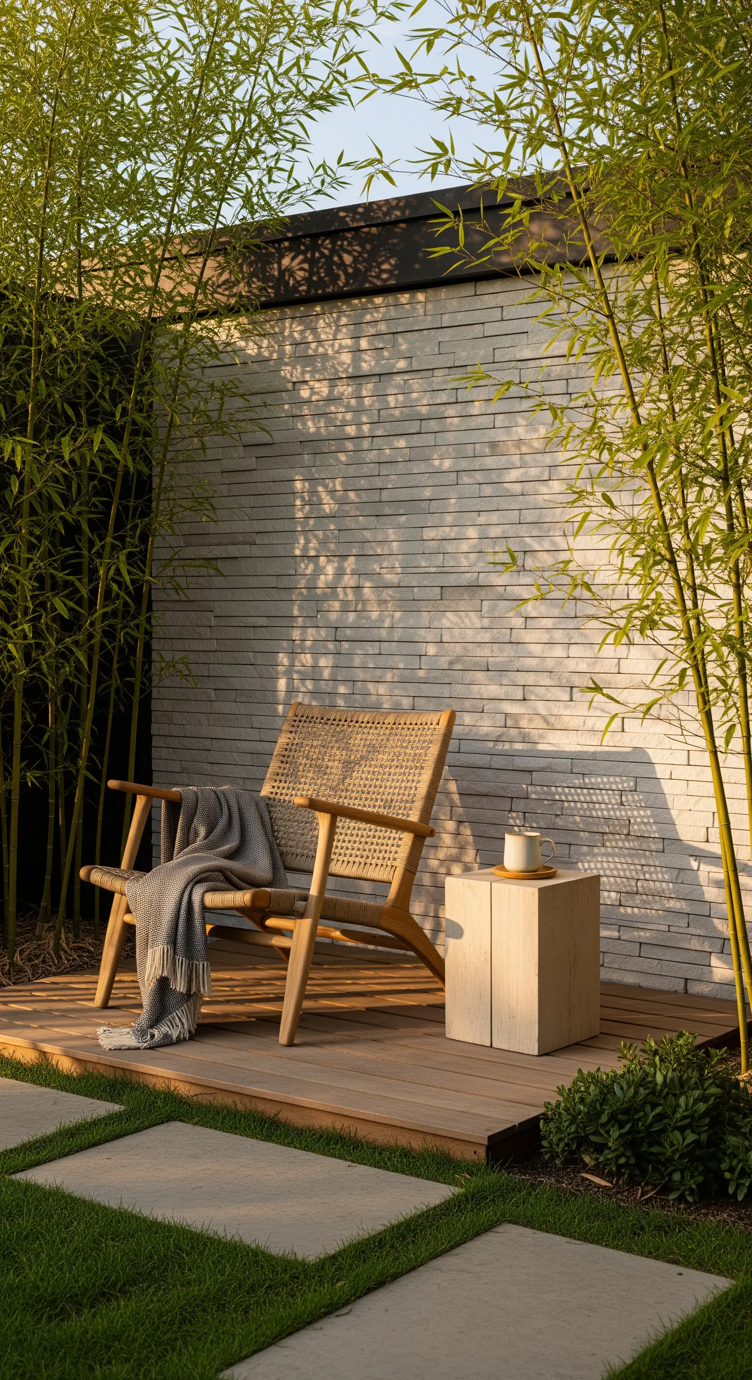 Japandi-Leseecke mit Holzstuhl, Beistelltisch und Bambus vor einer hellen Steinwand im Sonnenlicht