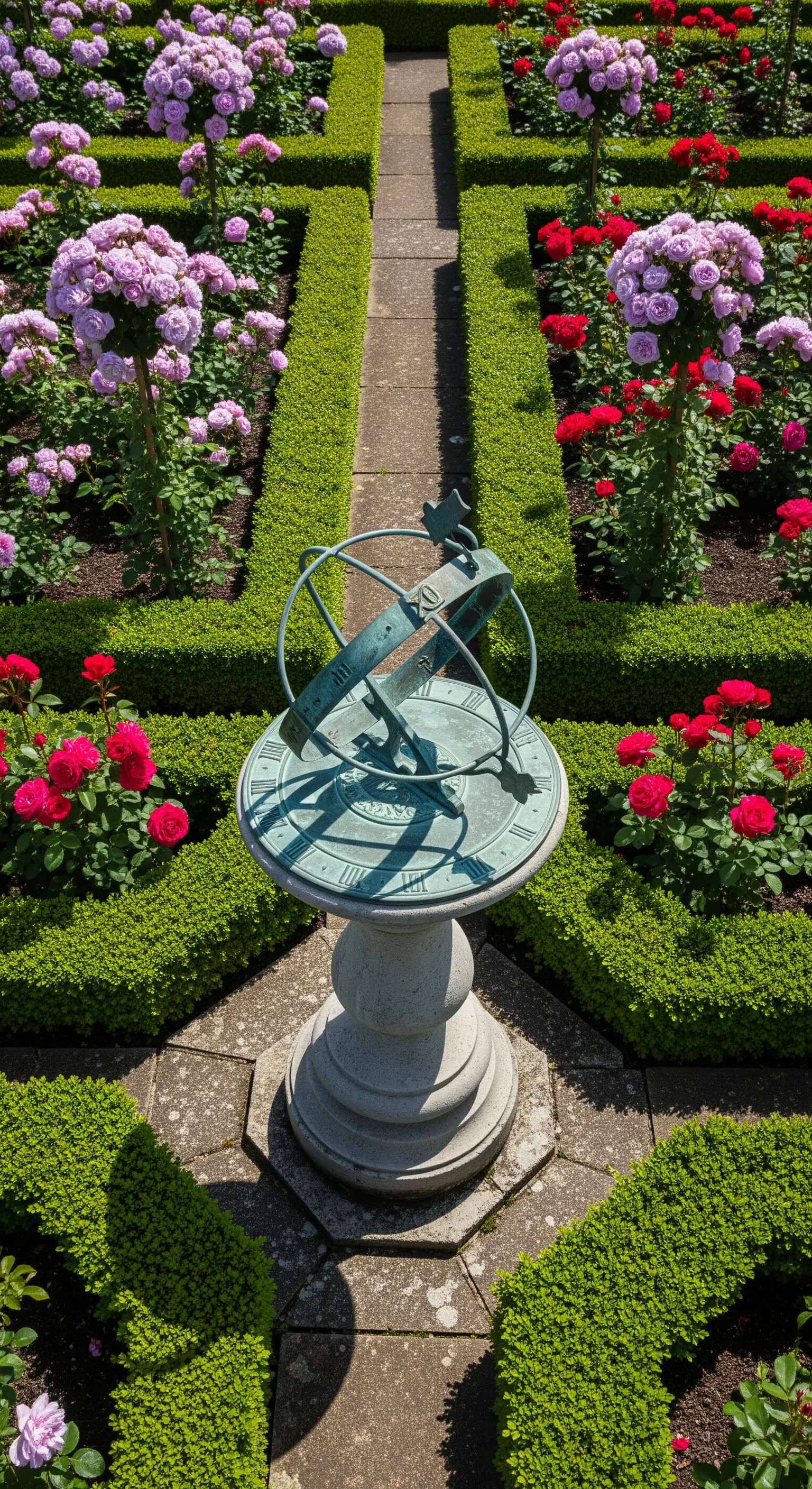 Klassische Sonnenuhr in einem formalen Rosengarten mit Buchsbaumhecken