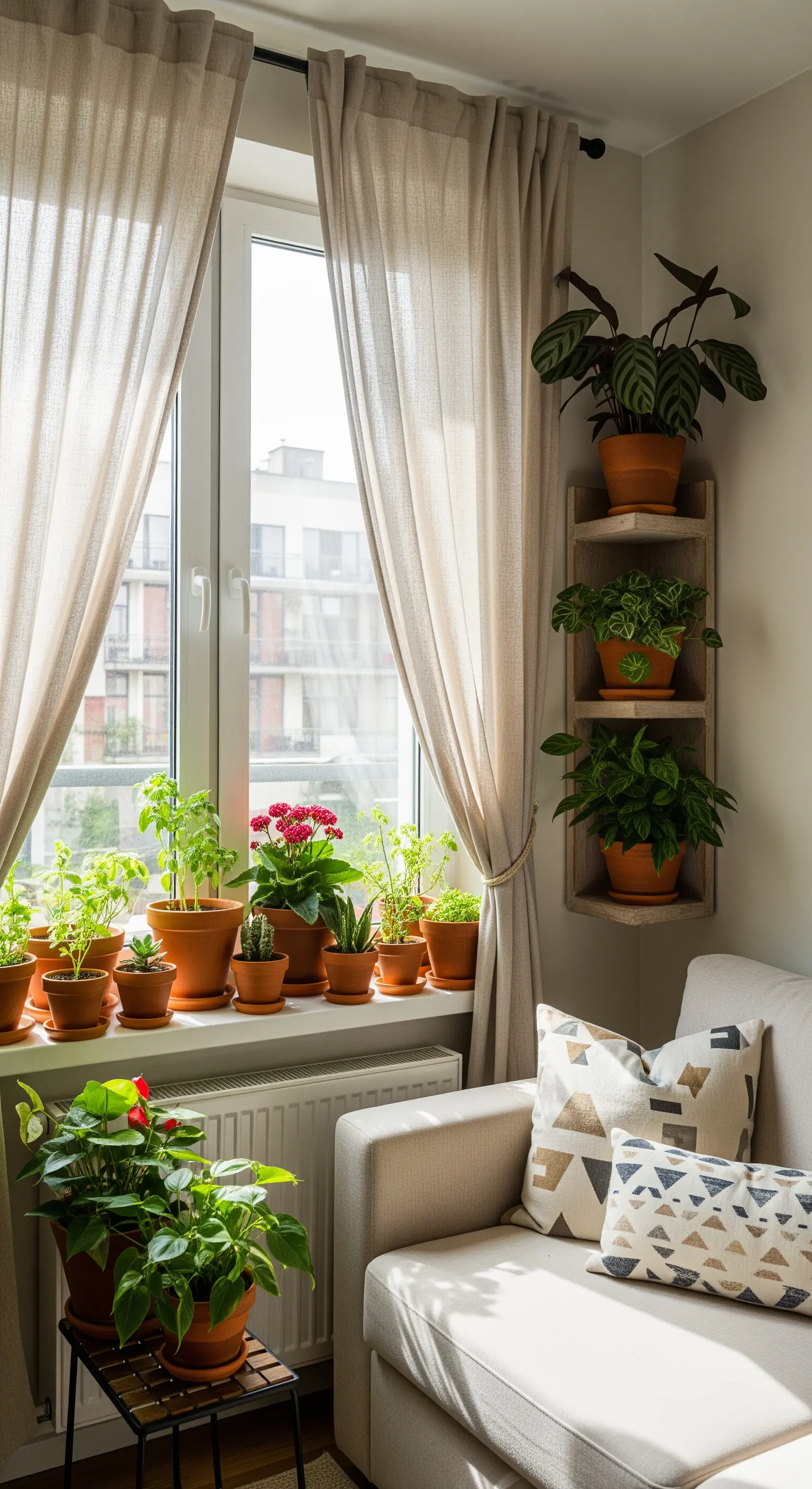Eine helle Sofaecke mit einem Eckregal und einer Fensterbank voller Terrakotta-Pflanztöpfe.