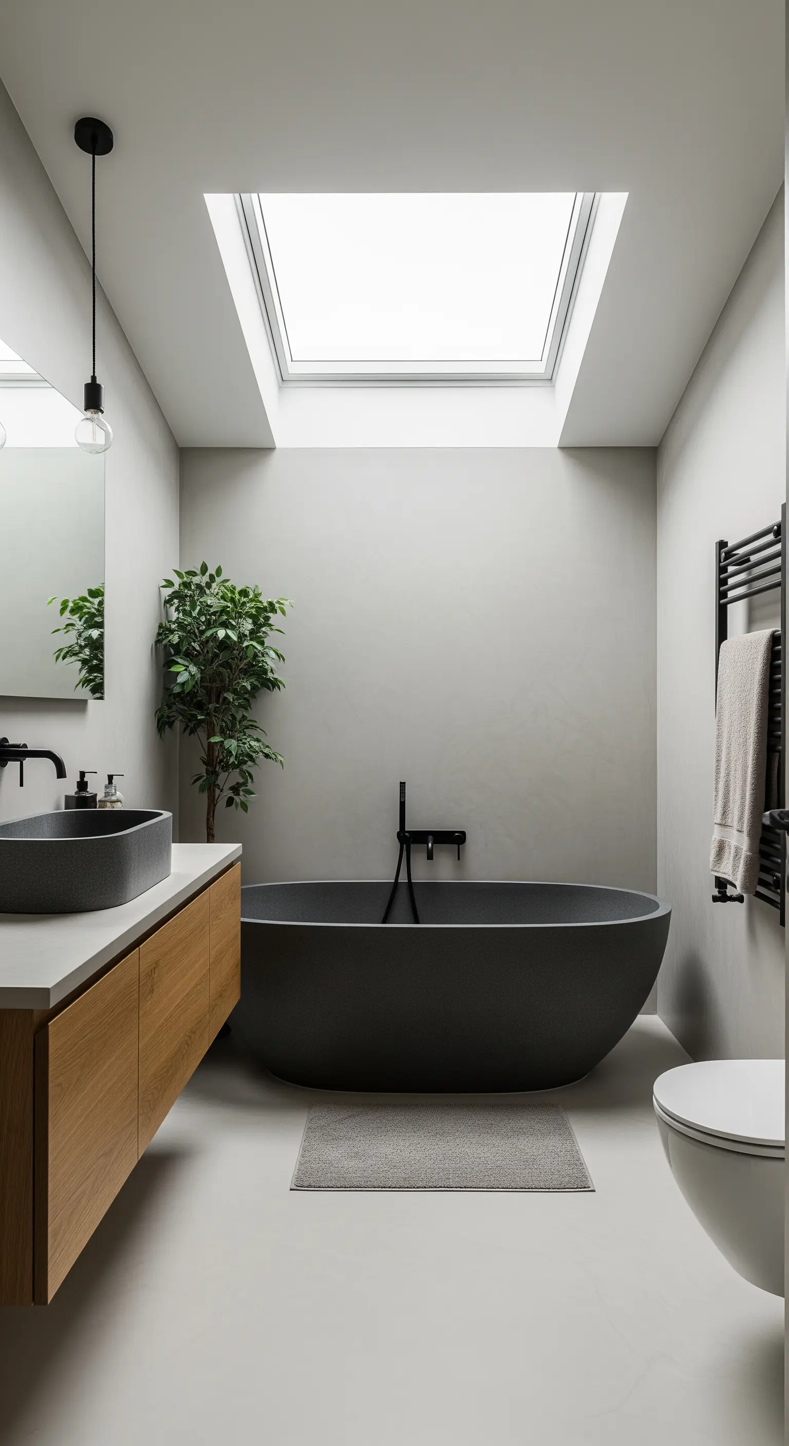 Modernes Badezimmer mit Mikrozementwänden, Dachfenster und schwarzer, freistehender Wanne.