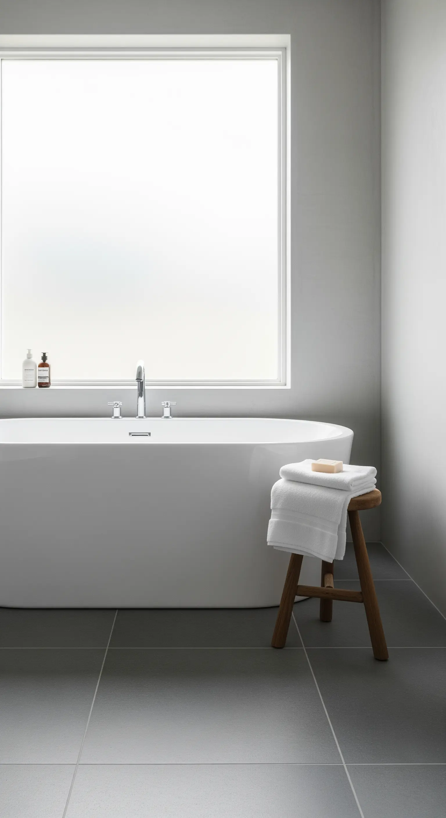 Ein einfacher Holzhocker neben der Badewanne schafft eine bewusste Zone der Entspannung.