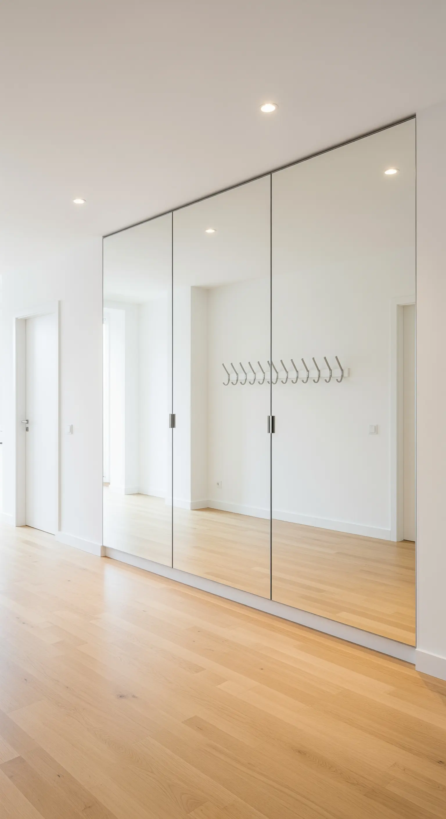 Flur mit einer kompletten Wand aus raumhohen Spiegelschranktüren, die den Raum optisch vergrößern.