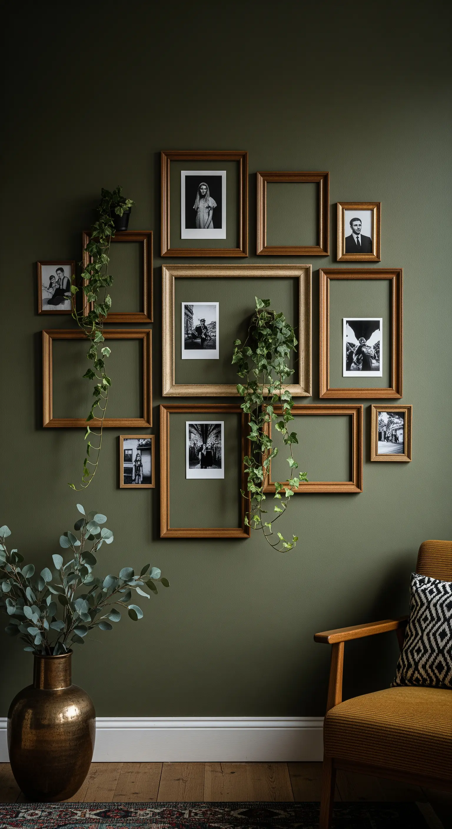 Galeriewand an einer olivgrünen Wand mit einer Mischung aus gefüllten und leeren Rahmen, durch die Efeu rankt.