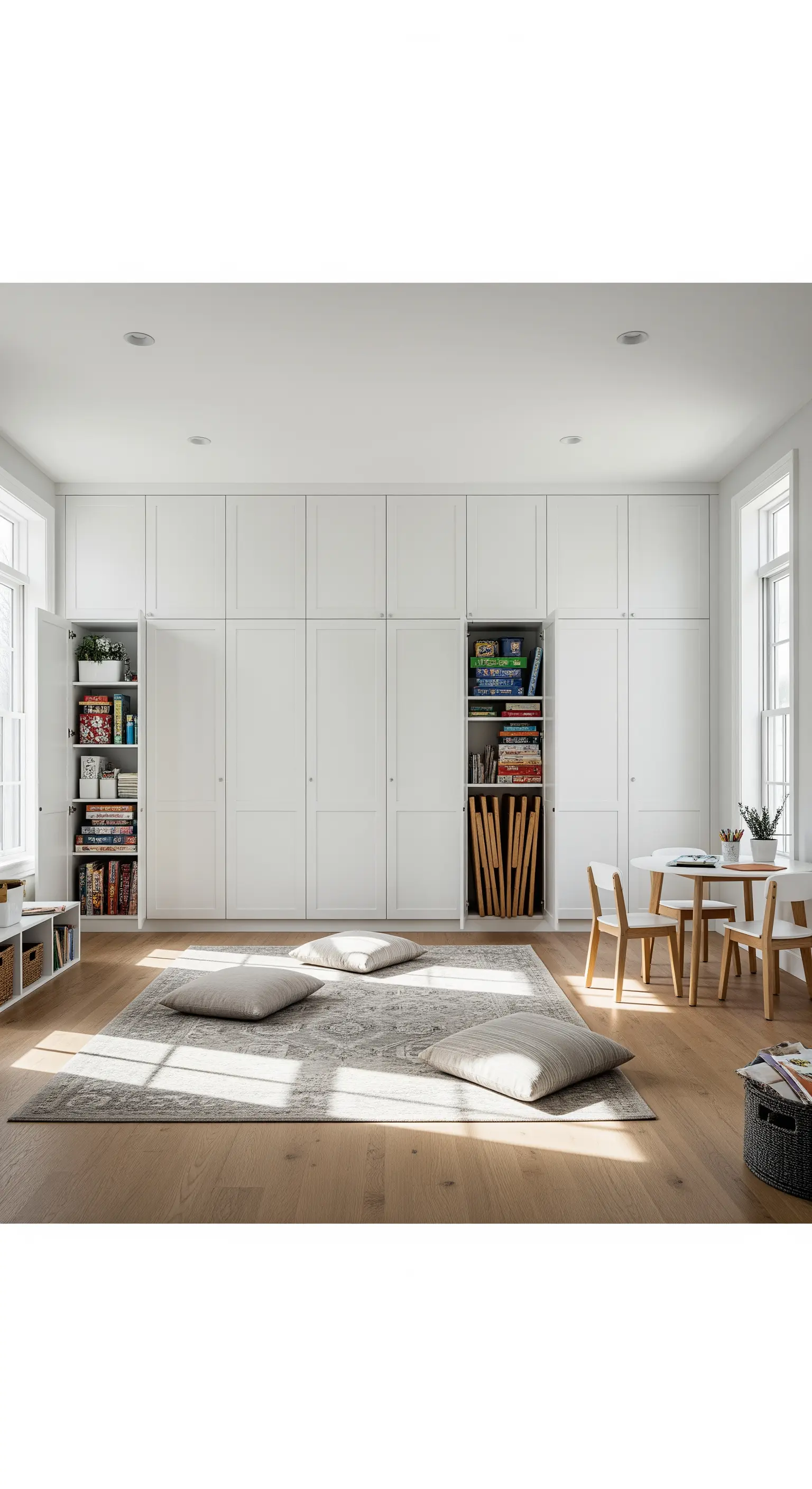 Helles Spielzimmer mit einer kompletten Wand aus weißen, geschlossenen Schränken für Spielzeug.