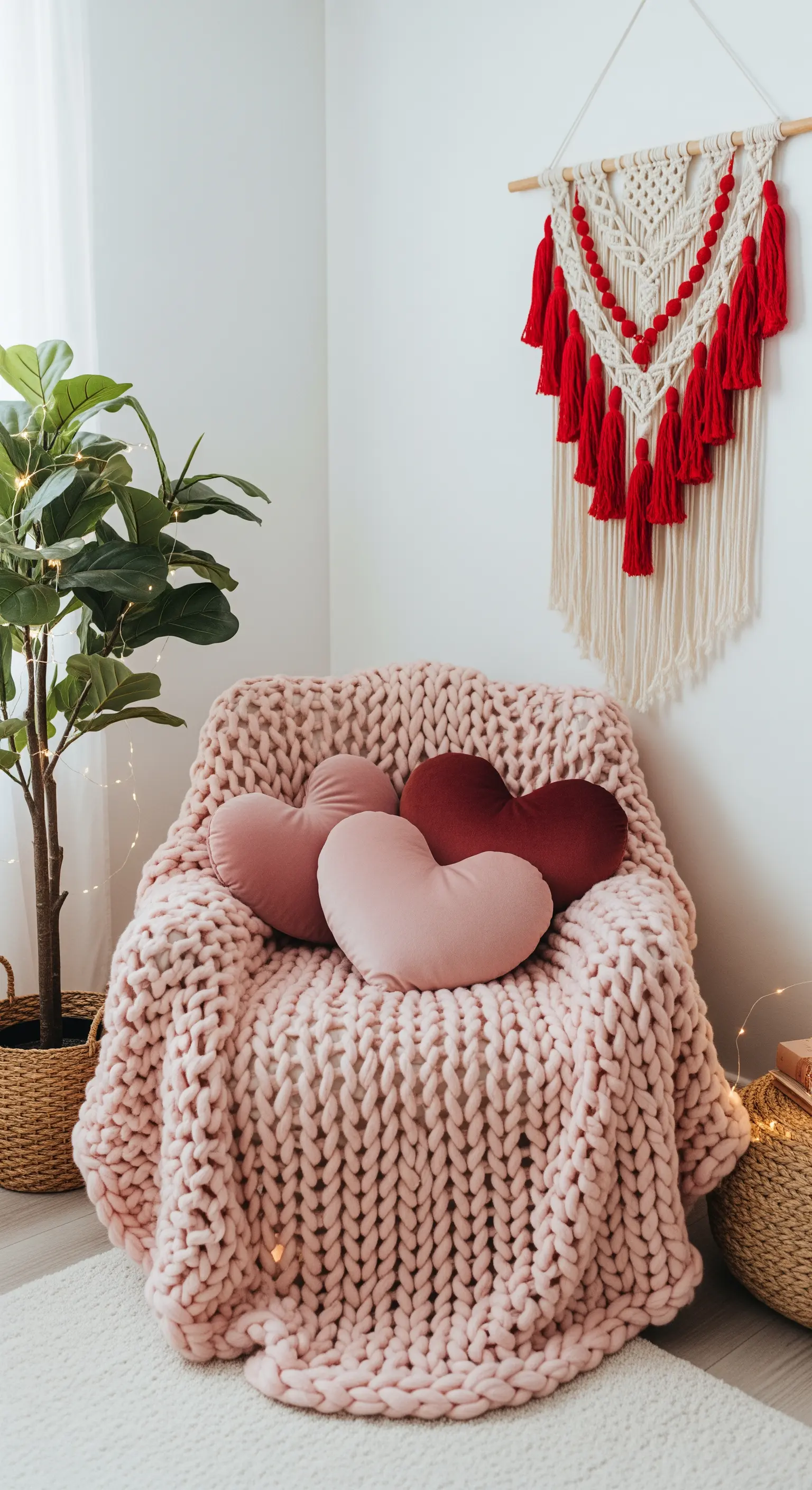Gemütlicher Sessel mit grob gestrickter Decke, Herzkissen und Makramee-Wandbehang.