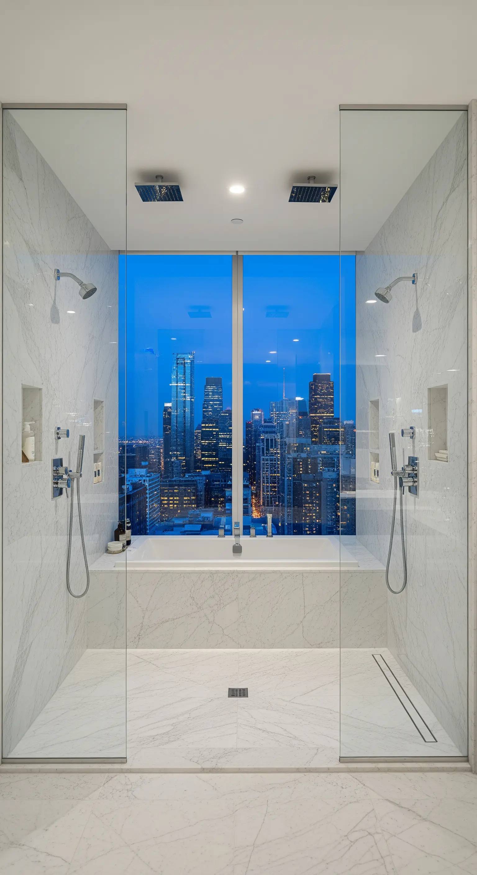 Doppeldusche aus Marmor mit raumhohem Fenster und Blick auf eine nächtliche Skyline