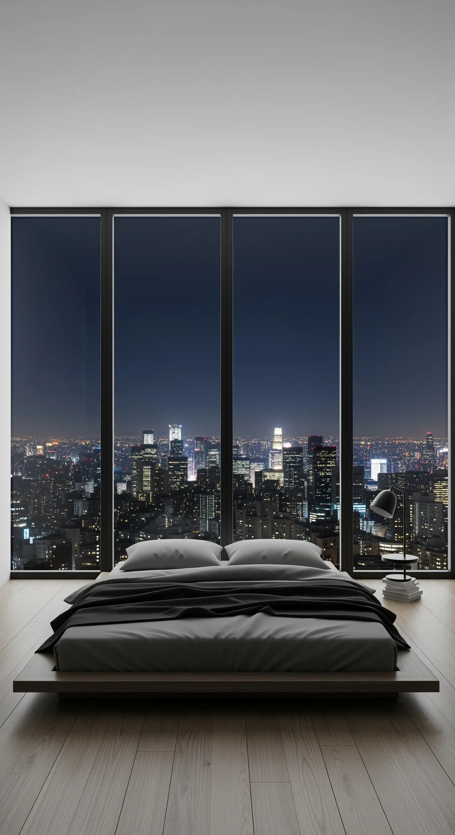 Schlafzimmer mit Panoramafenster und Blick auf eine nächtliche Skyline.