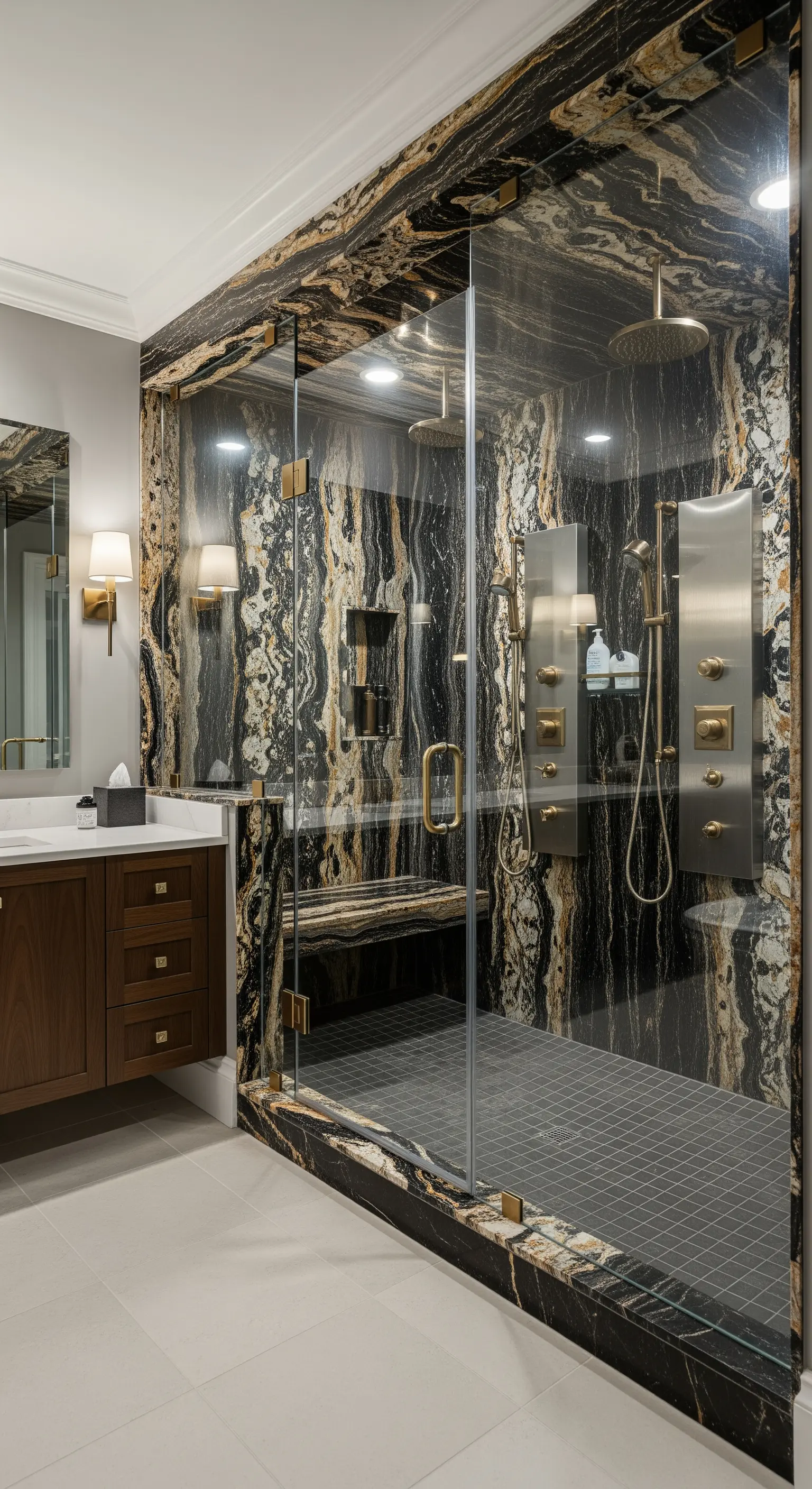 Begehbare Dusche, vollständig mit dramatisch gemustertem schwarz-goldenem Marmor ausgekleidet.