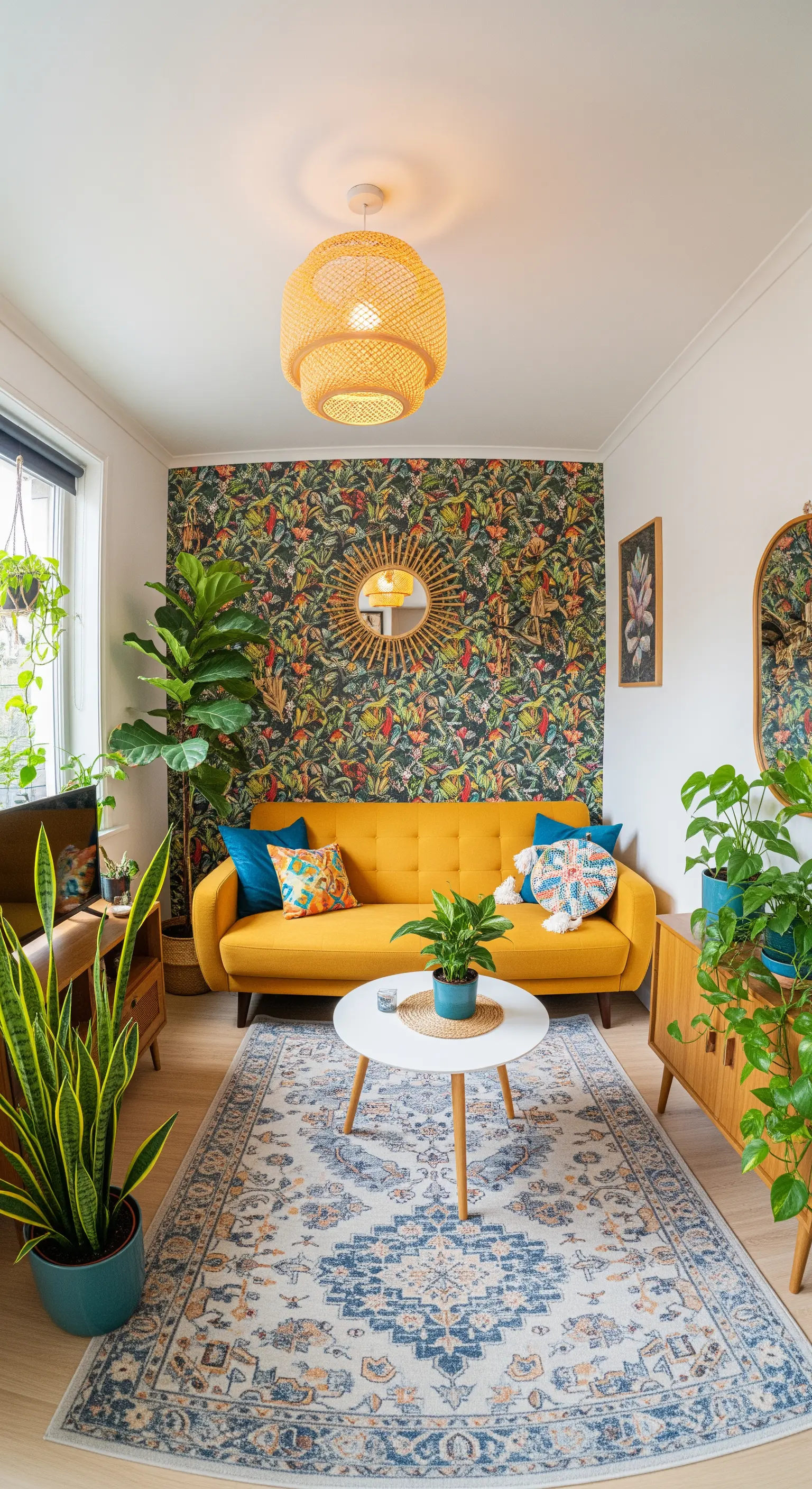 Ein gelbes Sofa vor einer Wand mit einer bunten, dschungelartigen Tapete und großen Pflanzen.