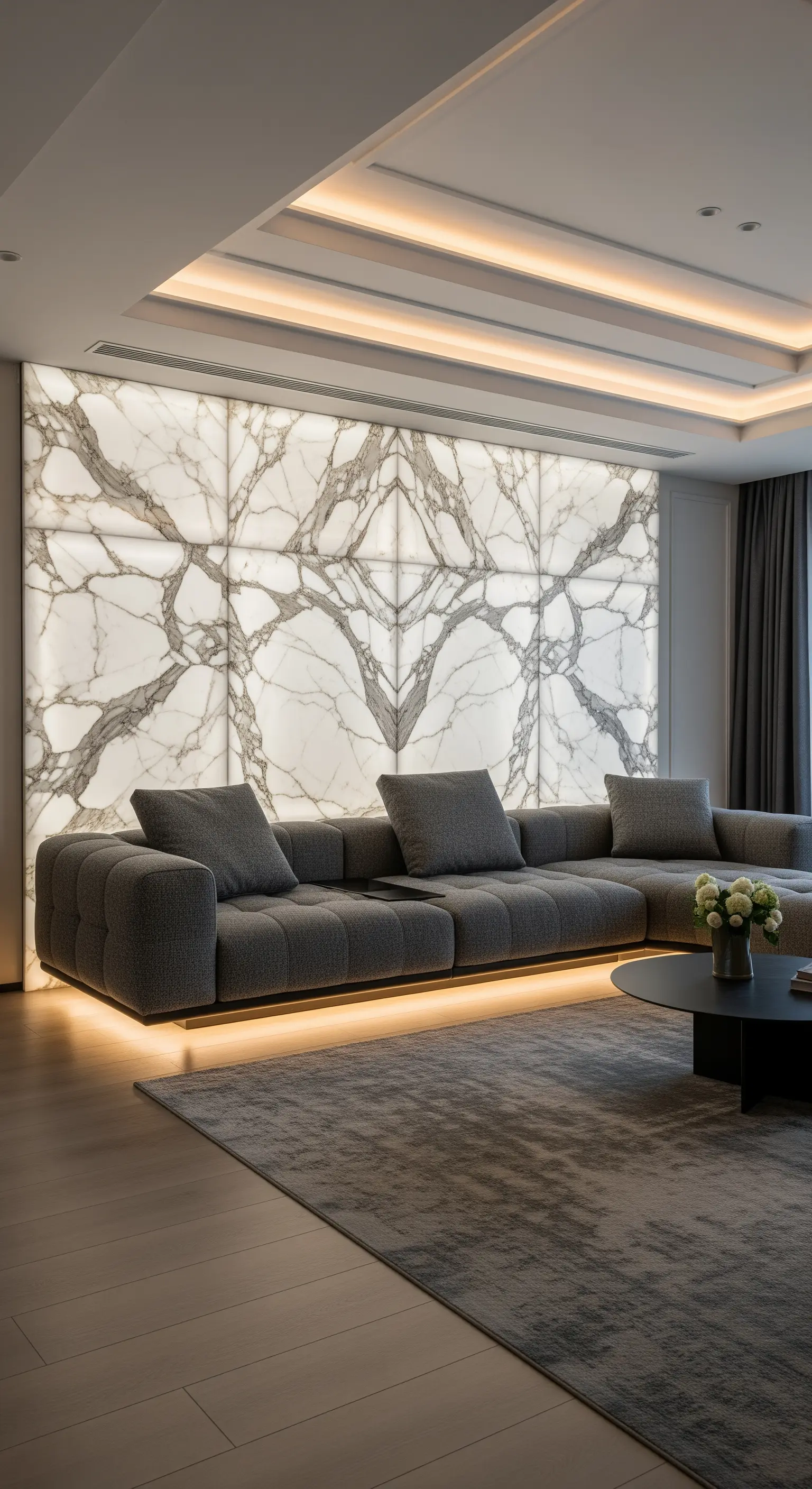 Wohnzimmer mit hinterleuchteter Marmorwand und schwebendem Sofa mit LED-Lichtleiste