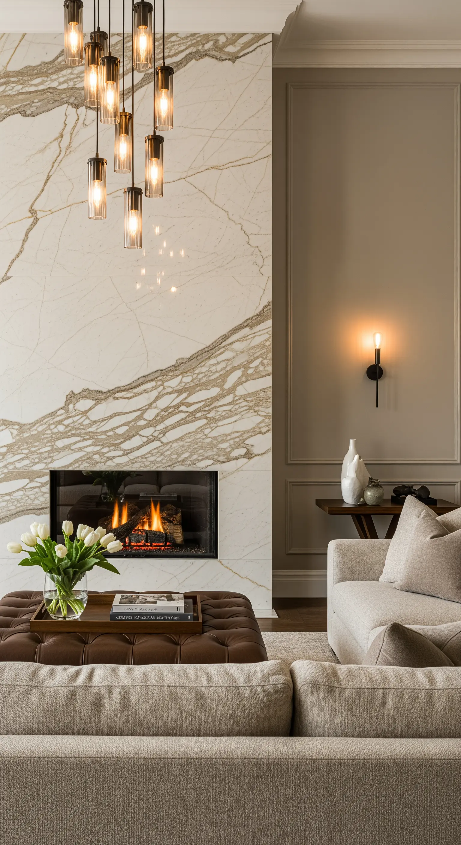 Luxuriöses Wohnzimmer mit raumhoher Marmorwand und modernem Kamin.