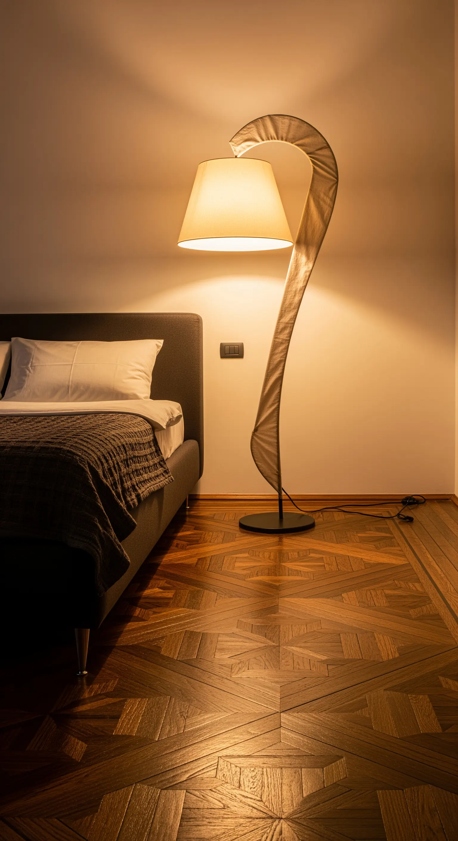 Eine skulpturale Stehlampe mit geschwungenem Design auf einem kunstvollen Parkettboden.