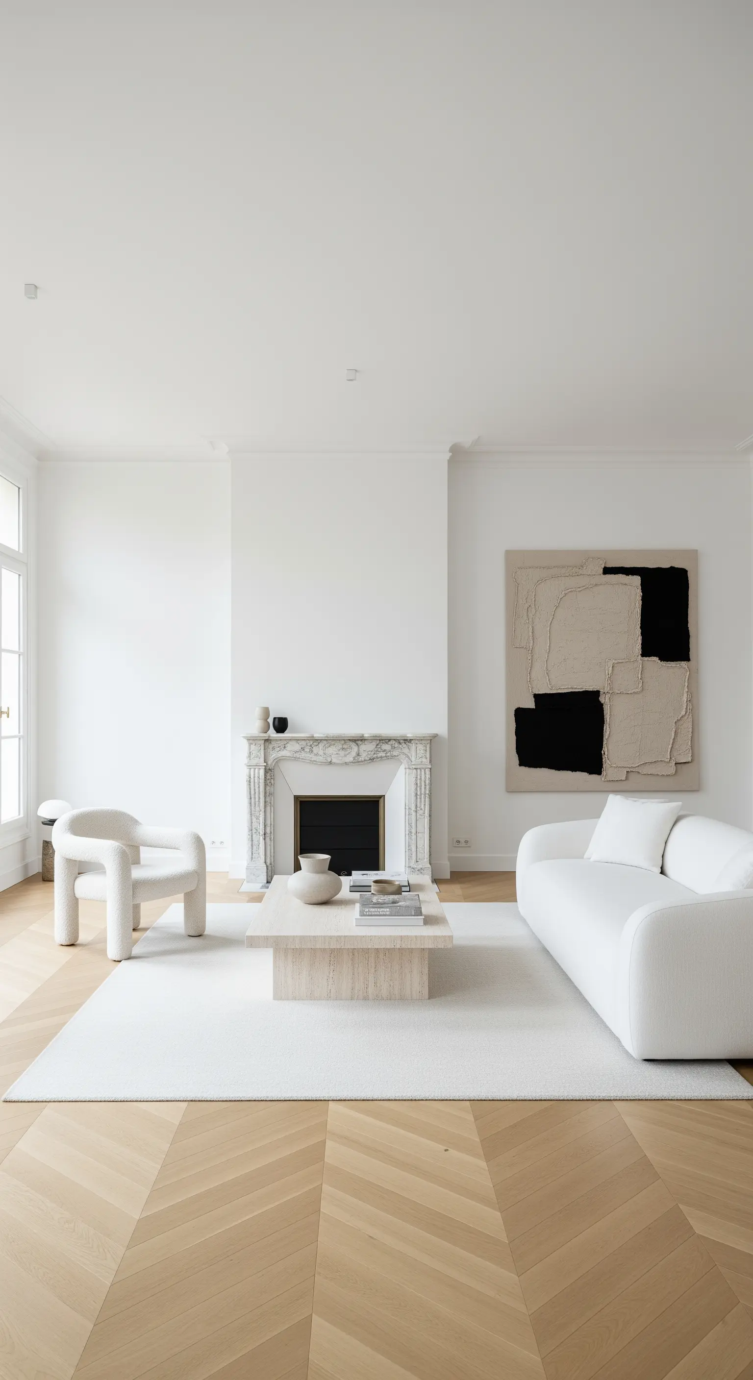 Minimalistisches weißes Wohnzimmer mit Fokus auf Bouclé-, Travertin- und Leinen-Texturen.