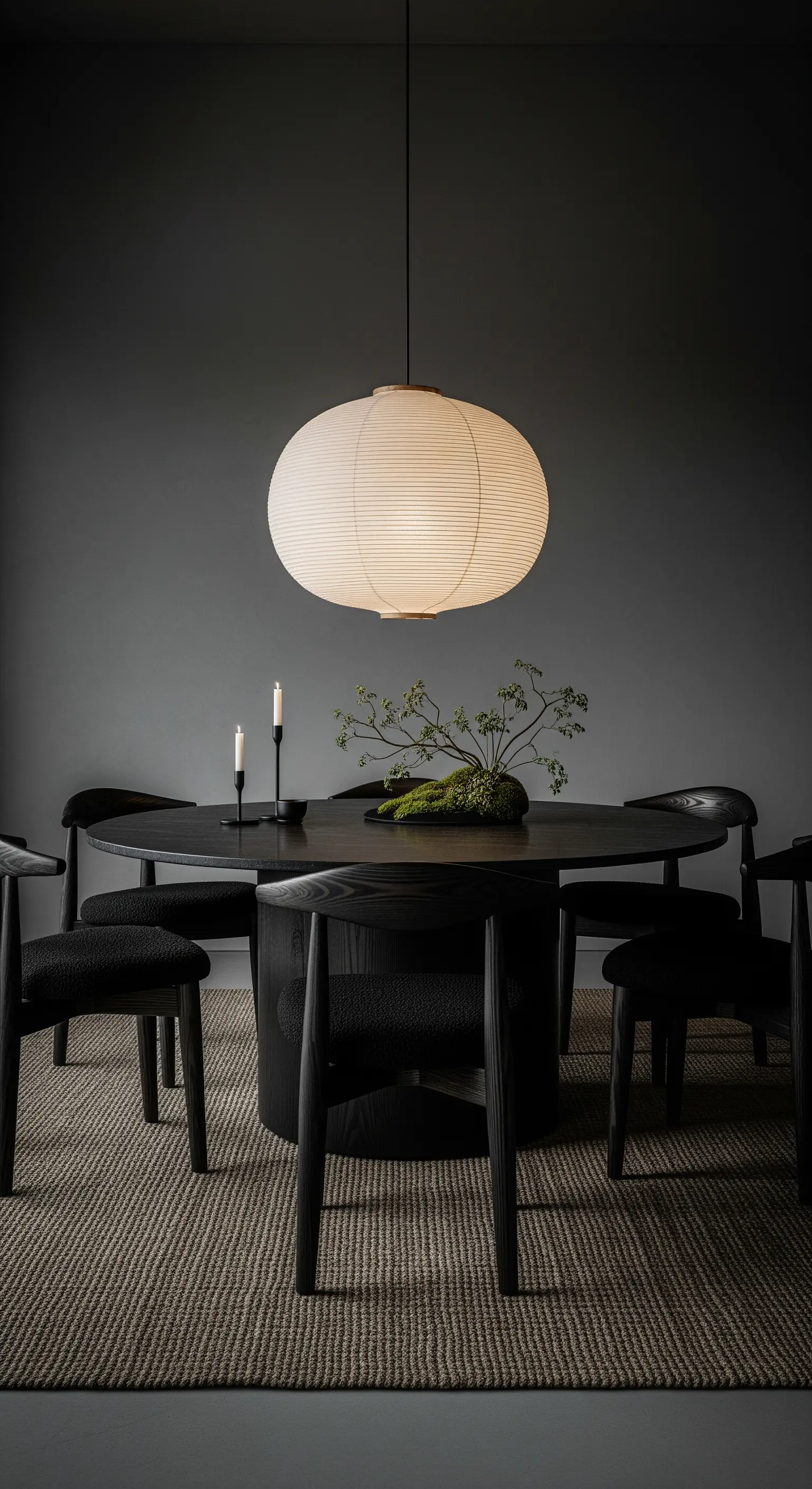 Runder schwarzer Esstisch mit großer Papierlaterne im minimalistischen Stil.