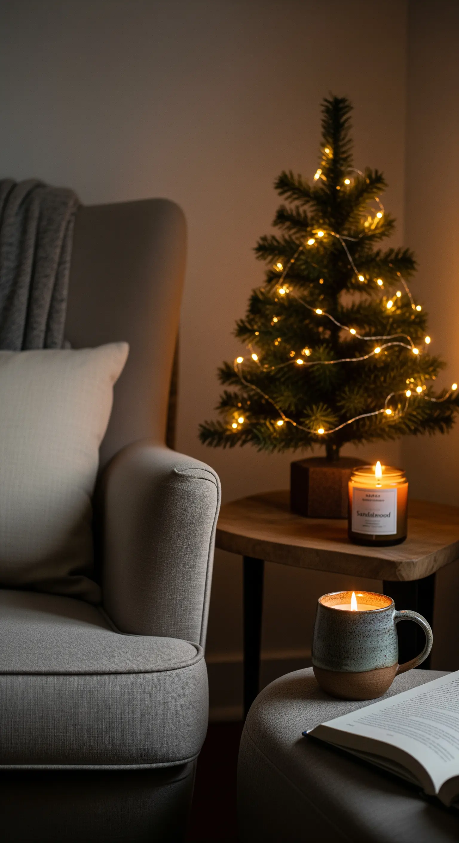 Duftkerze und ein kleines beleuchtetes Bäumchen neben einem Sessel für eine gemütliche Leseecke.