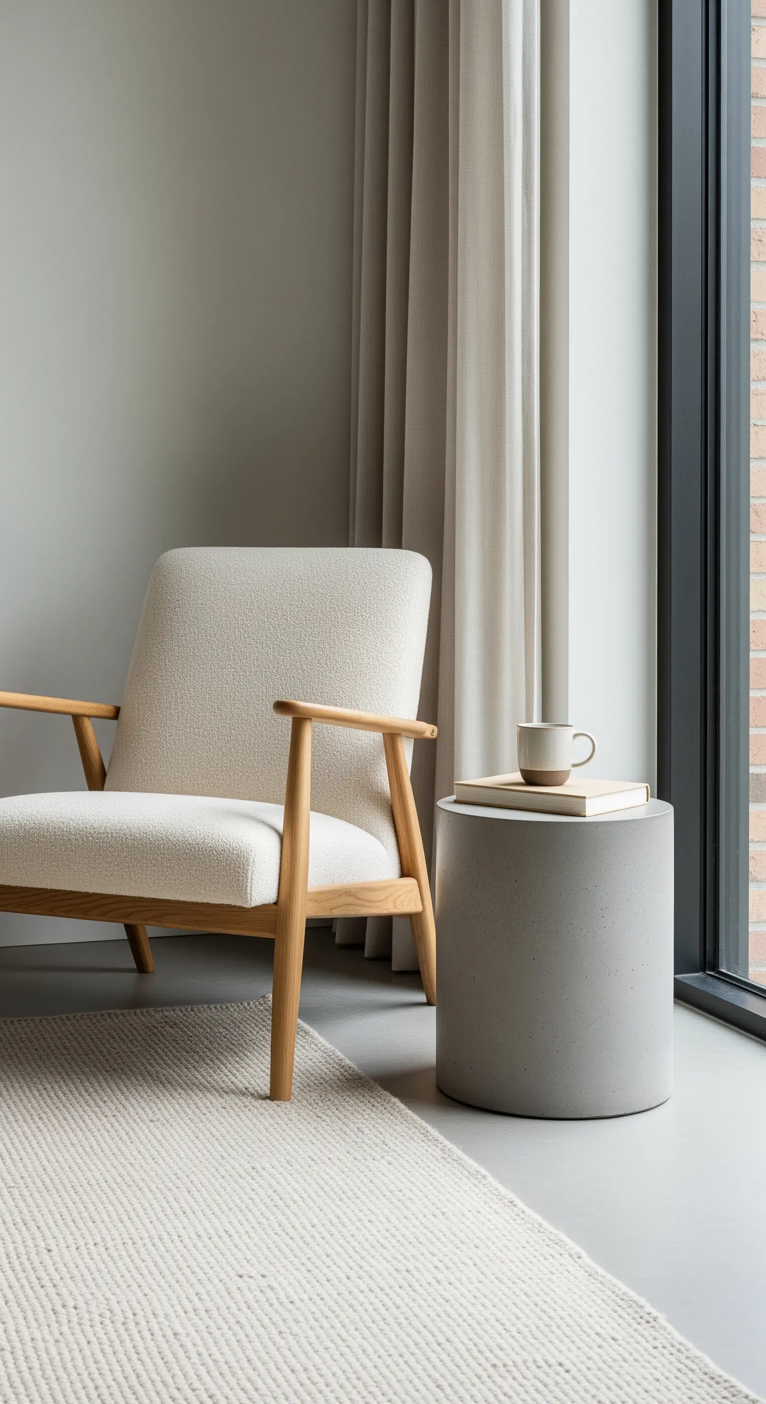 Leseecke mit Holzsessel und zylindrischem Beistelltisch aus Beton.