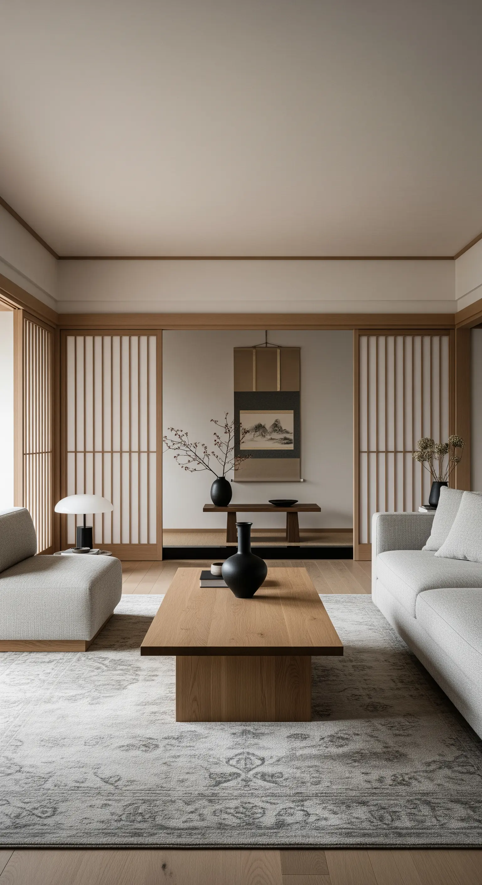 Minimalistisches Wohnzimmer im Japandi-Stil mit hellen Holzmöbeln und klaren Linien.