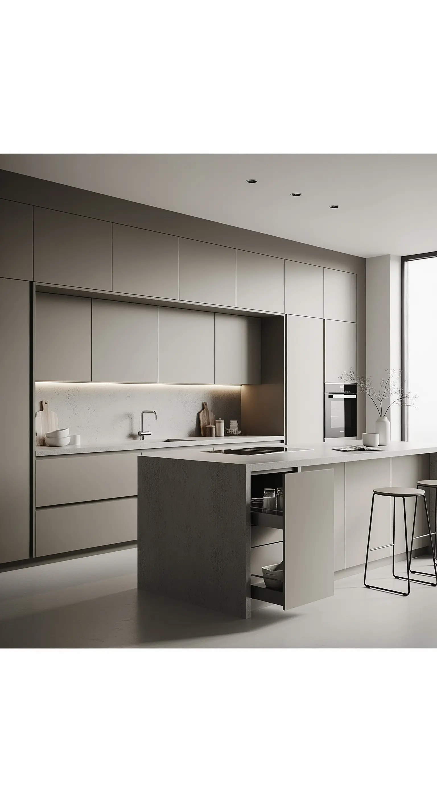 Minimalistische, grifflose Küche in Greige mit versteckten Auszügen in der Kochinsel.