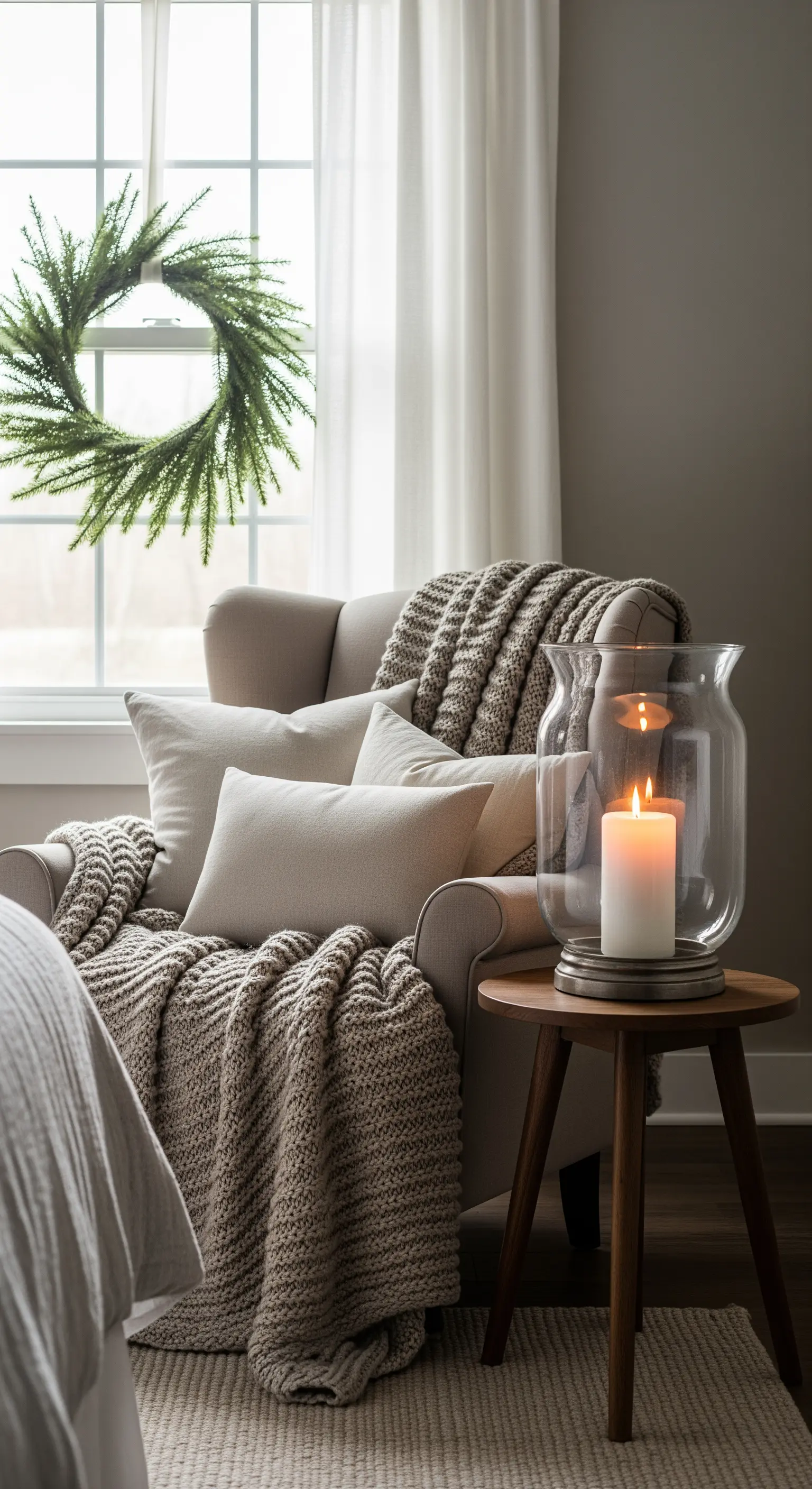 Gemütlicher Sessel am Fenster mit Kranz, Decke und einer großen Kerze in einer Glaslaterne.