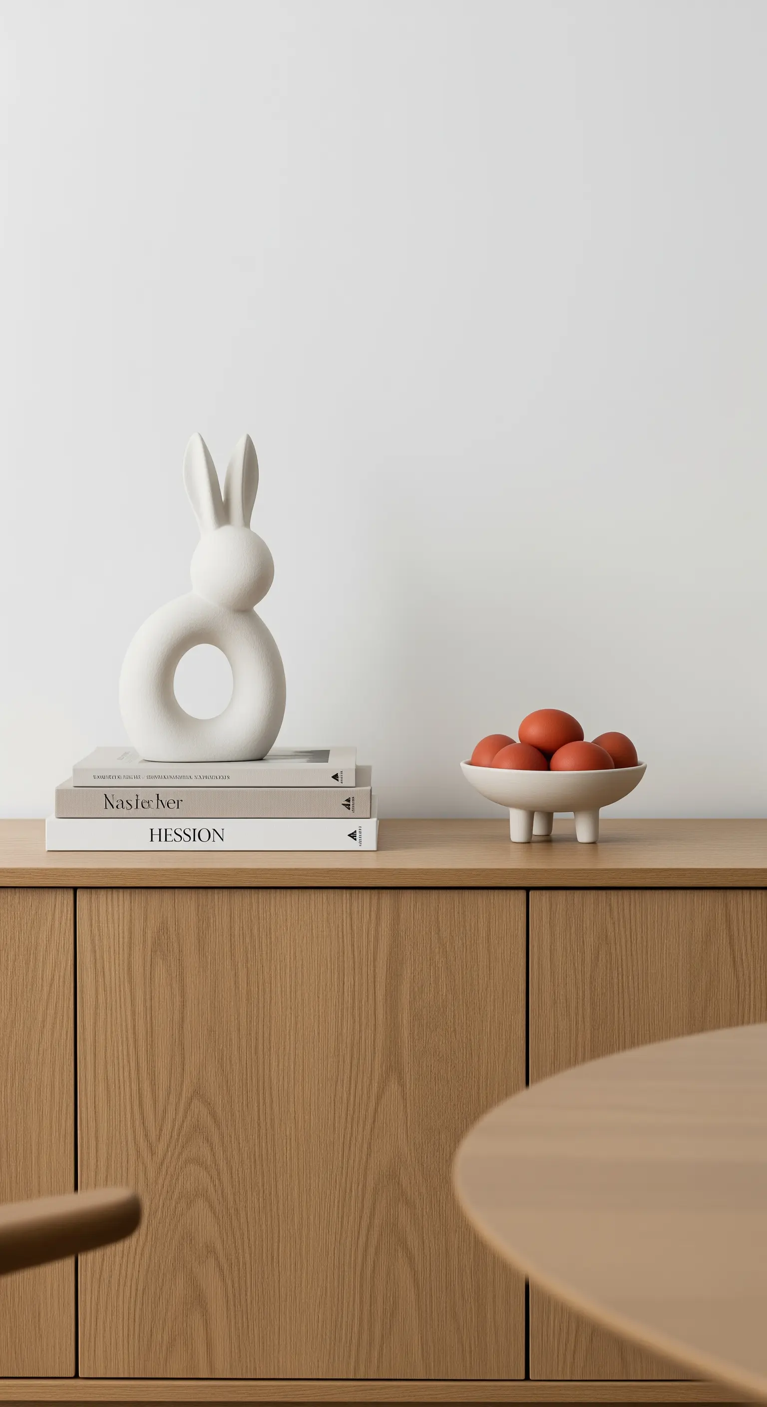 Minimalistische Osterdeko auf einem Sideboard mit Keramikhase und einer Schale Eier
