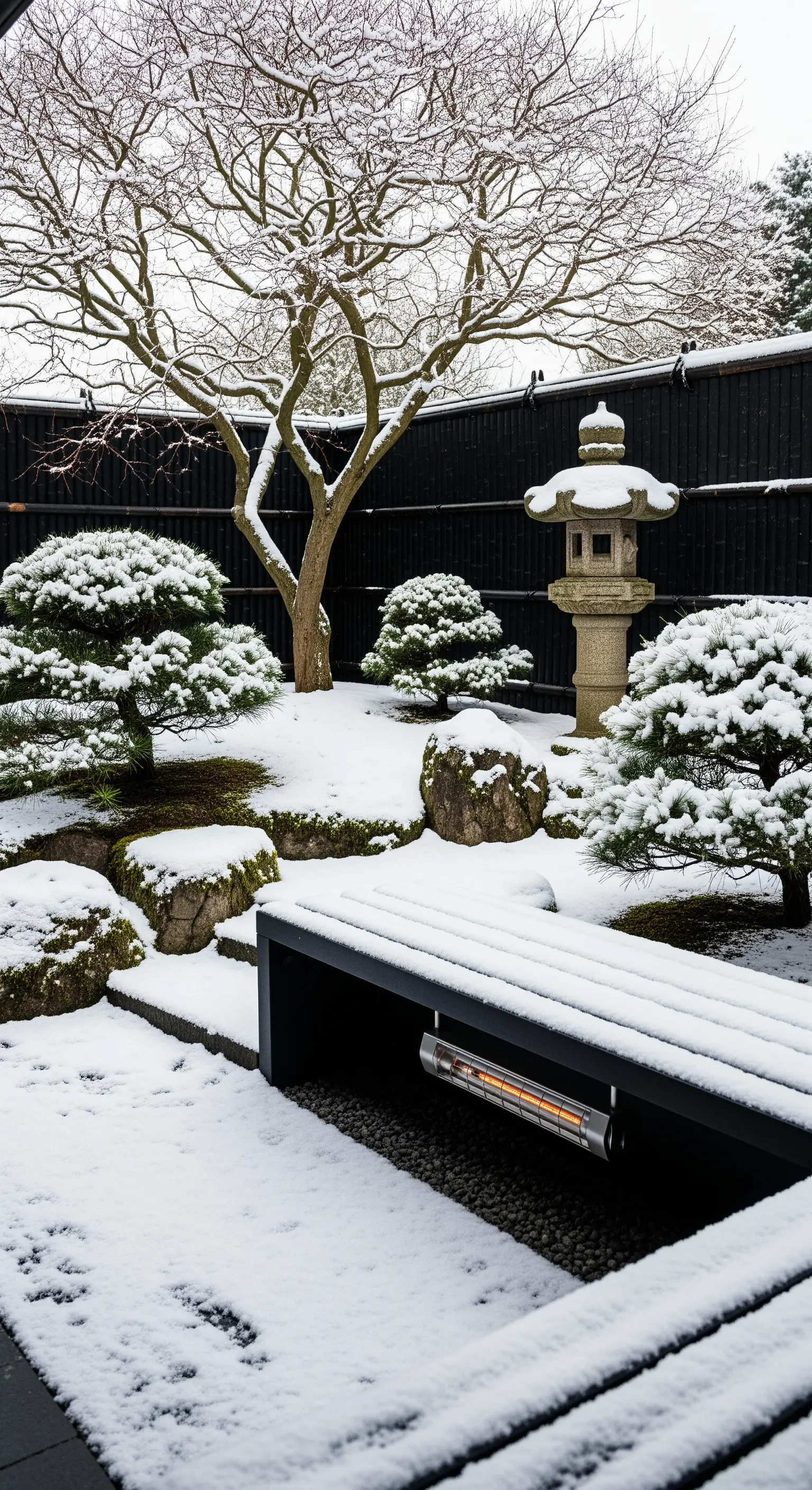 Verschneiter Japandi-Garten mit formgeschnittenen Kiefern, Steinlaterne und schwarzer Bank
