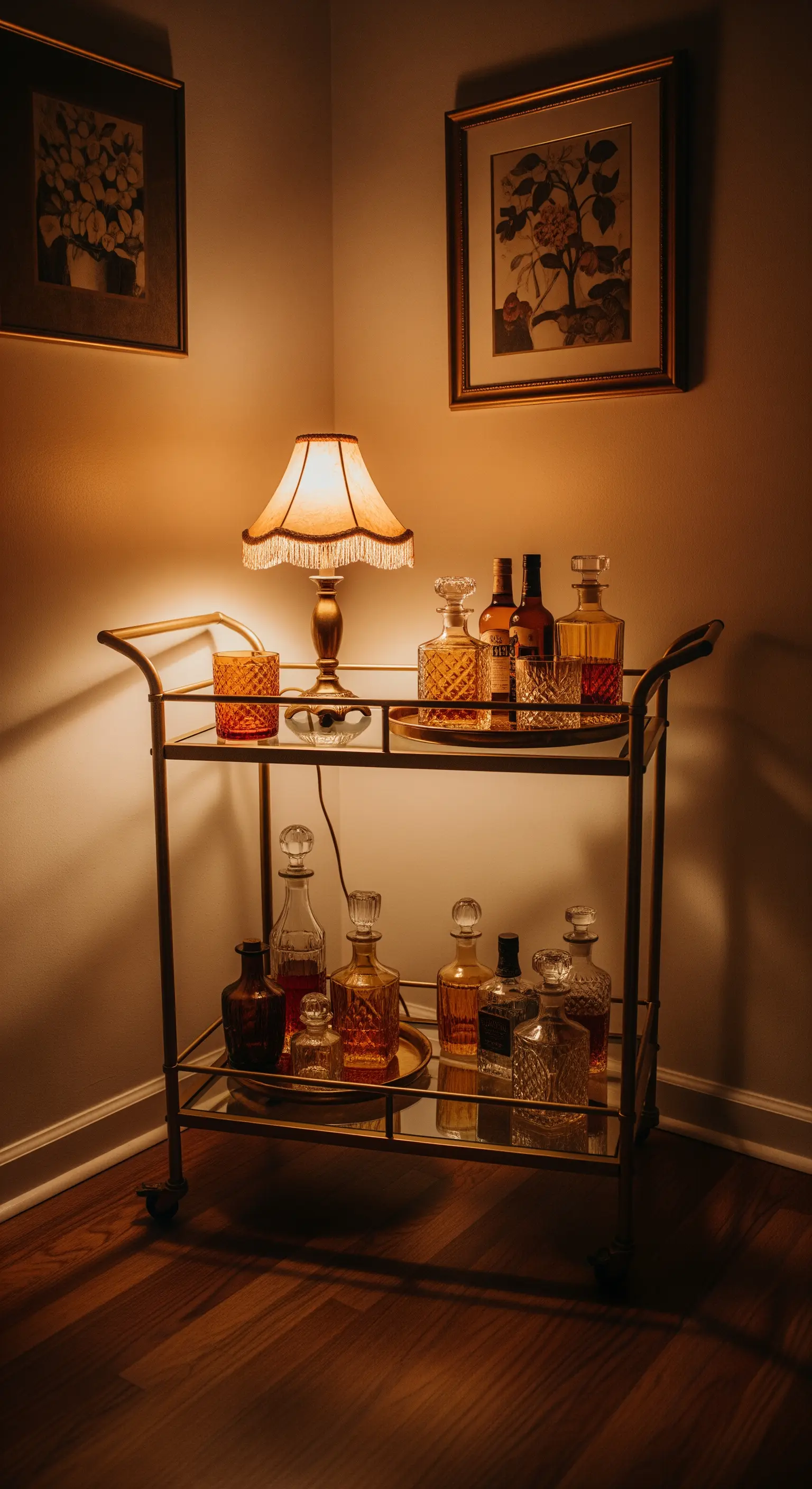 Ein goldener Barwagen mit Kristallkaraffen, beleuchtet von einer kleinen Tischlampe mit Stoffschirm.