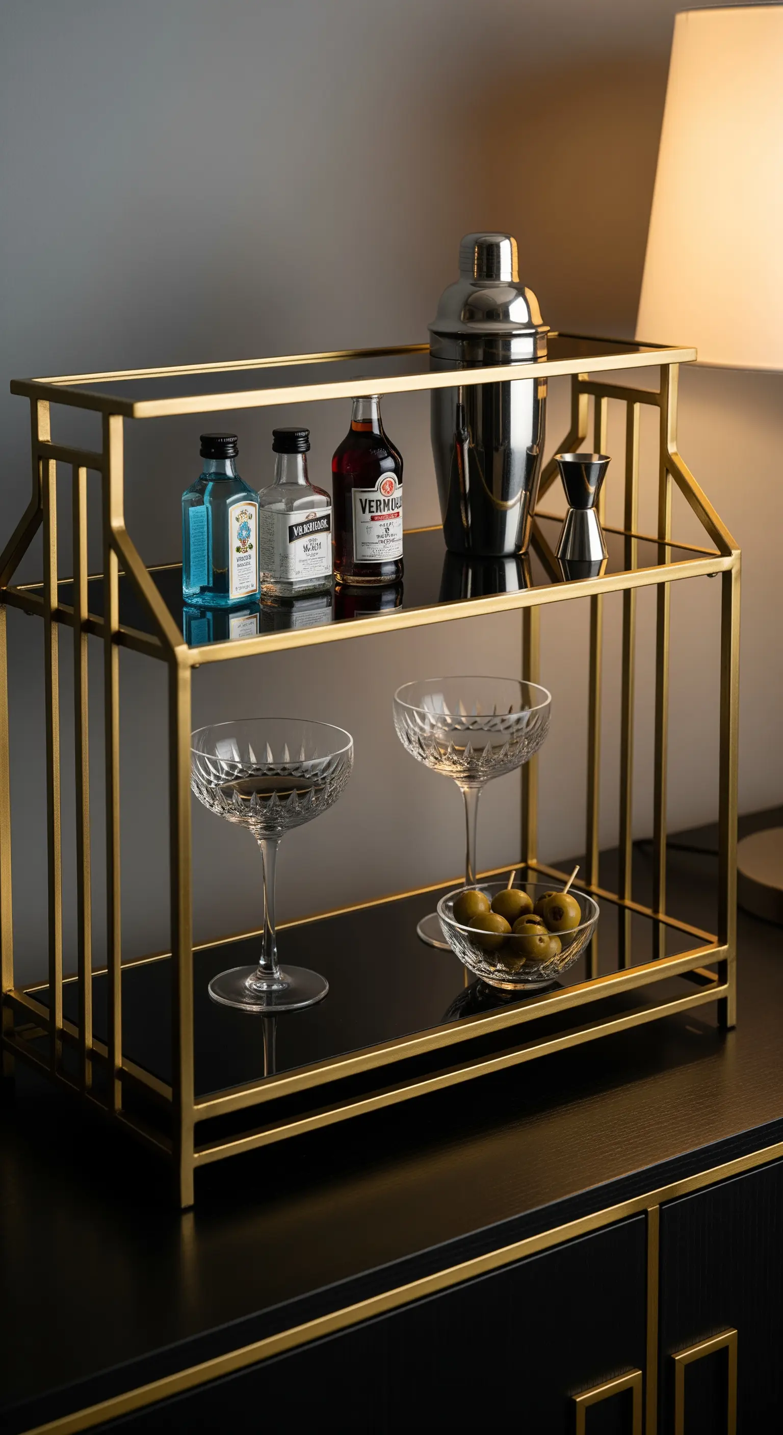 Elegante Mini-Bar auf einer Etagere im Art-déco-Stil mit Gläsern und Spirituosen.