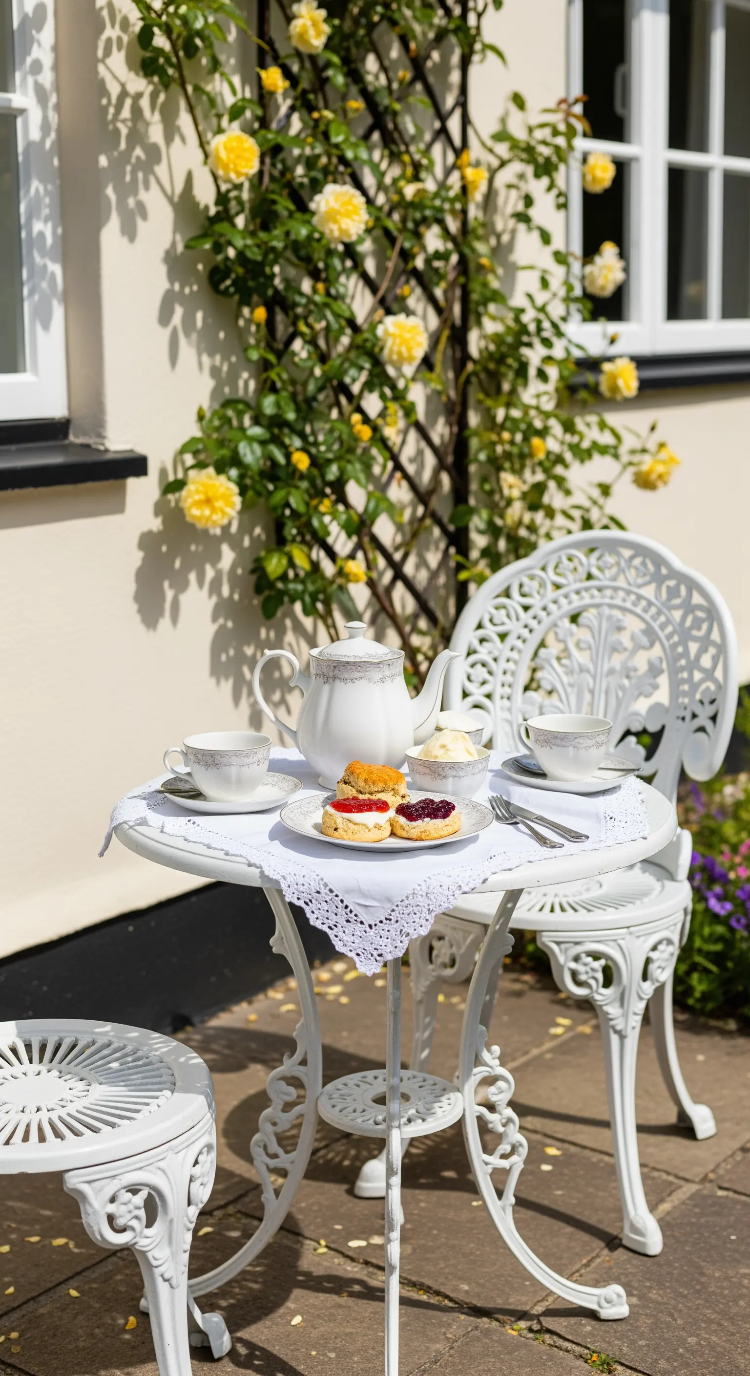 Weißes Bistro-Set auf einer Terrasse, elegant gedeckt für den Nachmittagstee