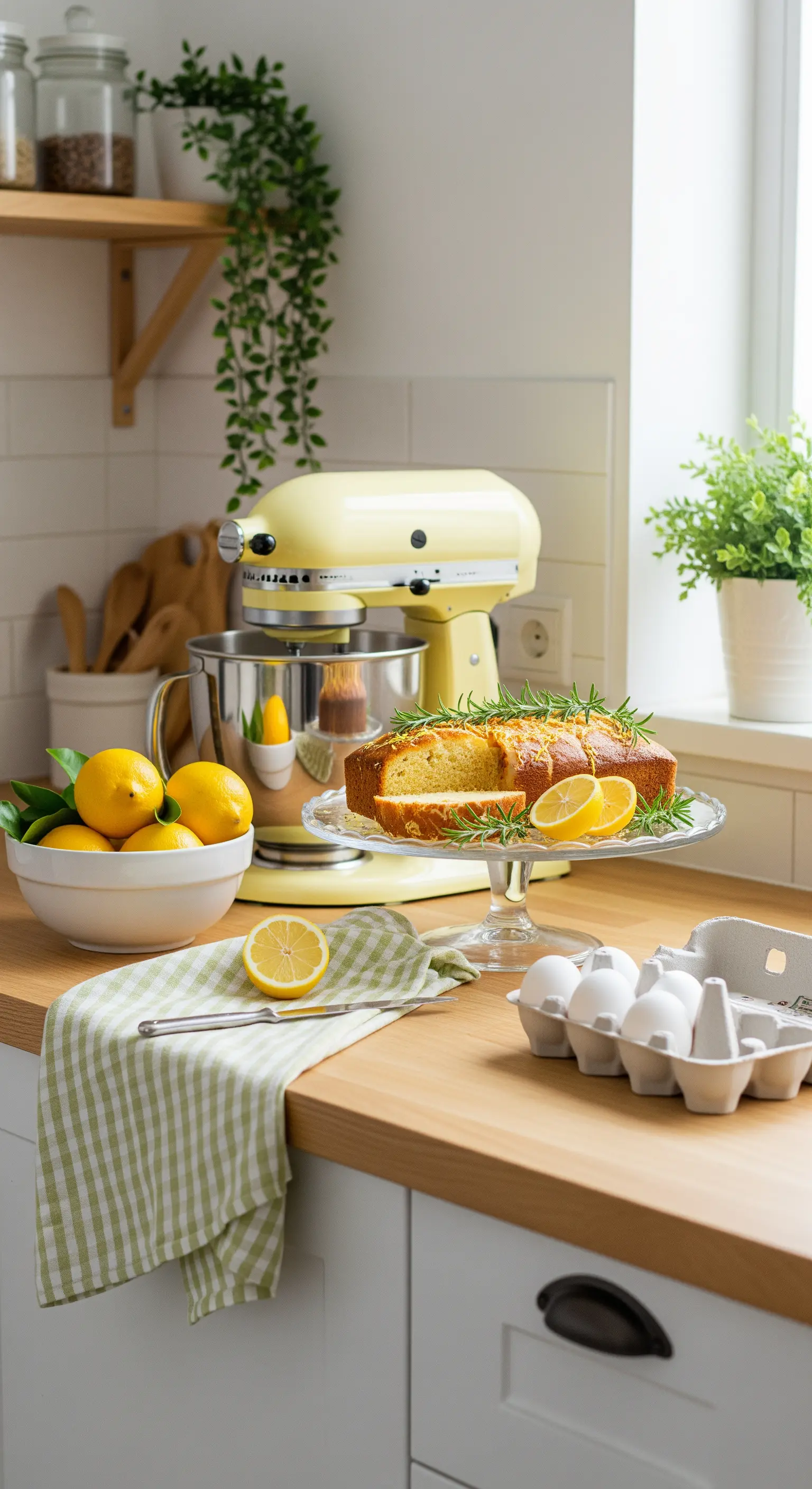 Eine gelbe Küchenmaschine auf einer Holztheke neben einem Zitronenkuchen und frischen Zutaten.