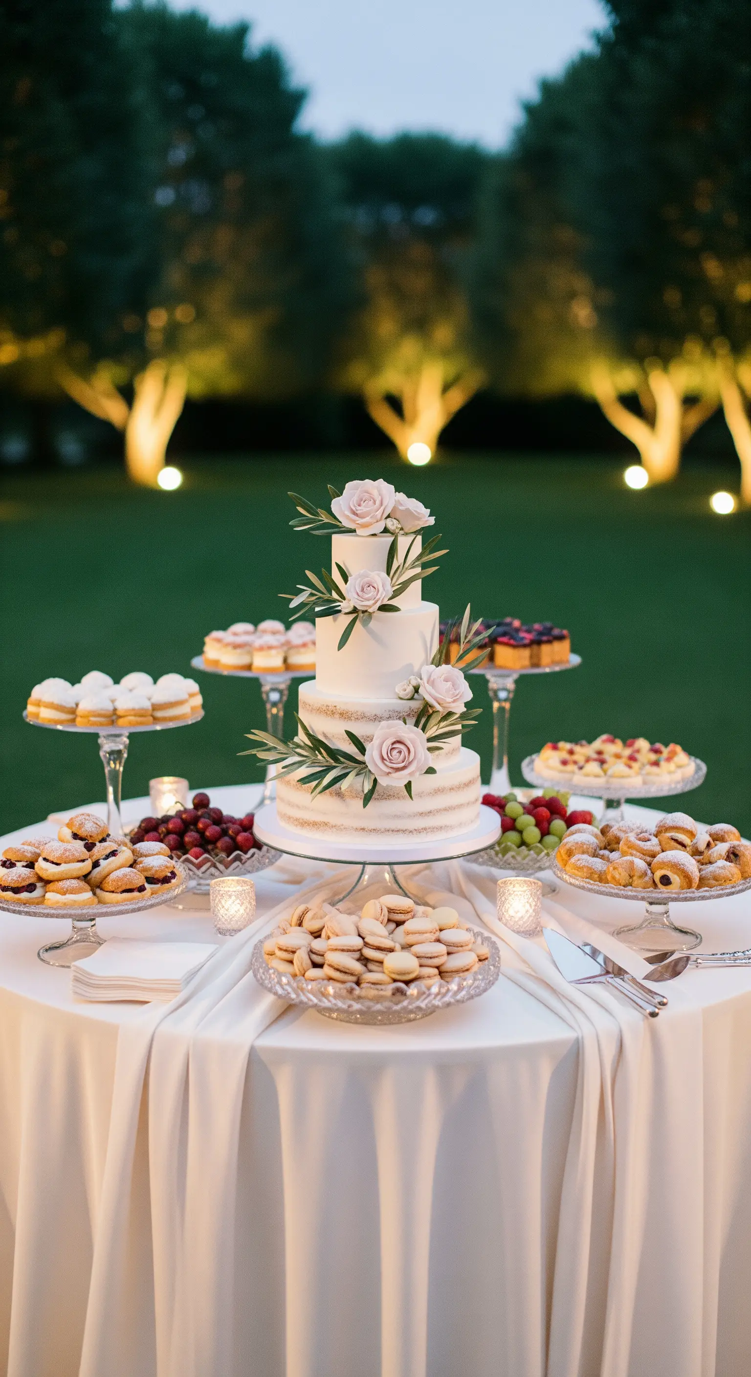 Eleganter Desserttisch mit einer Torte, dekoriert mit Rosen und Olivenzweigen