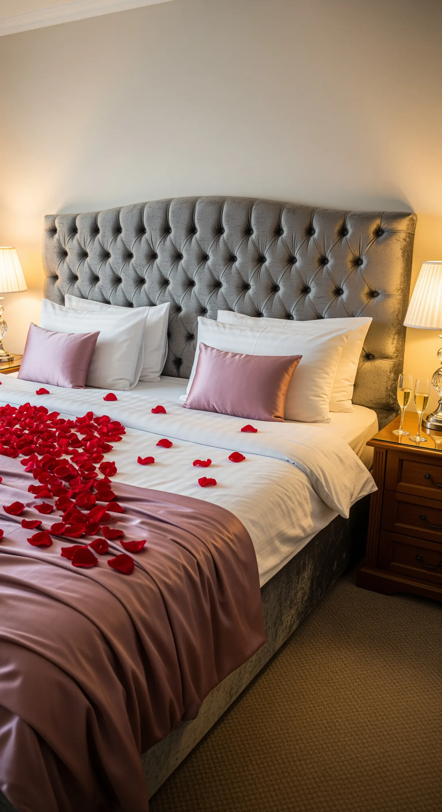 Luxuriöses Schlafzimmer mit gepolstertem Kopfteil und Rosenblättern auf dem Bett.