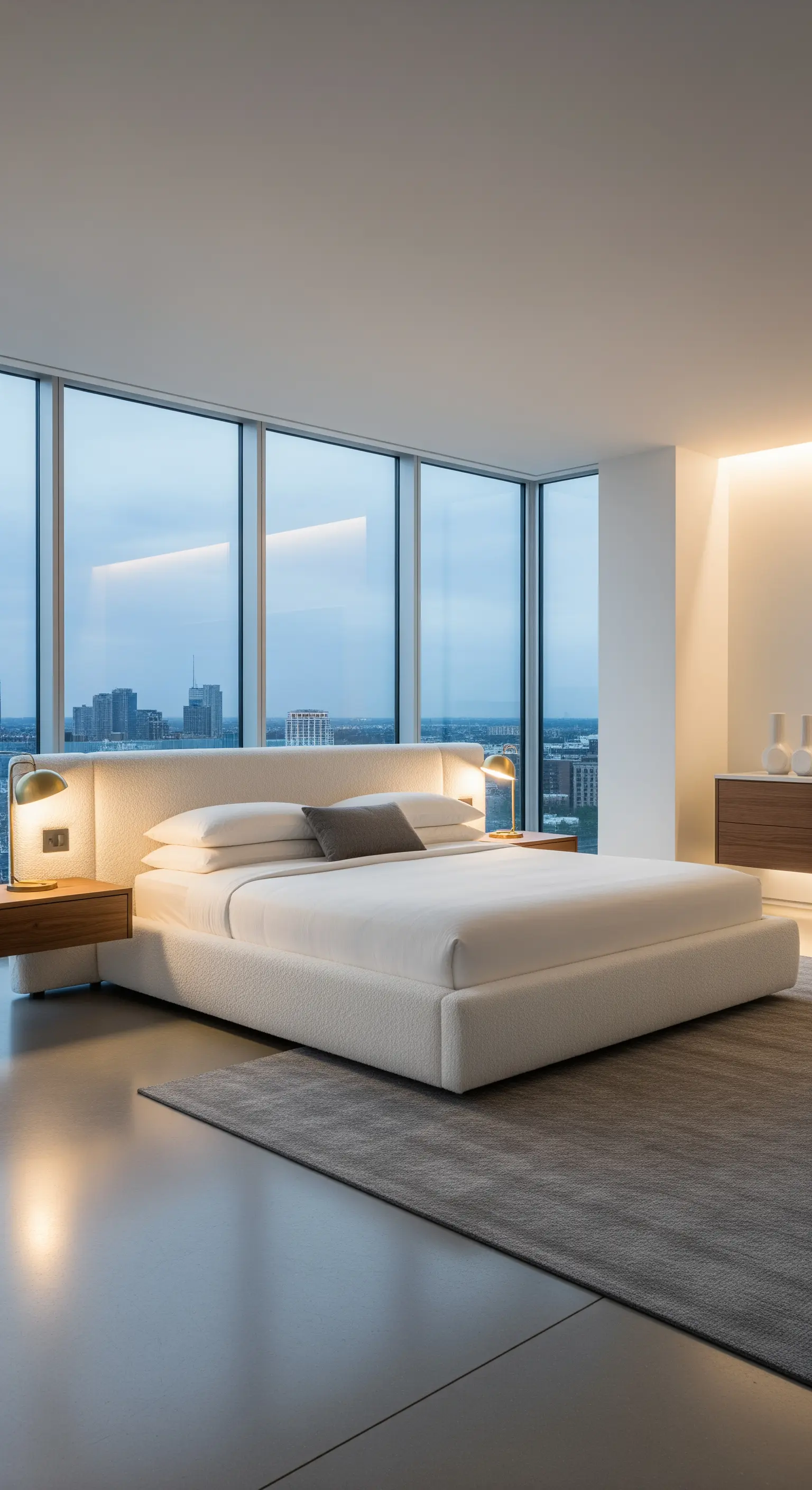 Minimalistisches Schlafzimmer mit niedrigem Bouclé-Bett und Stadtblick