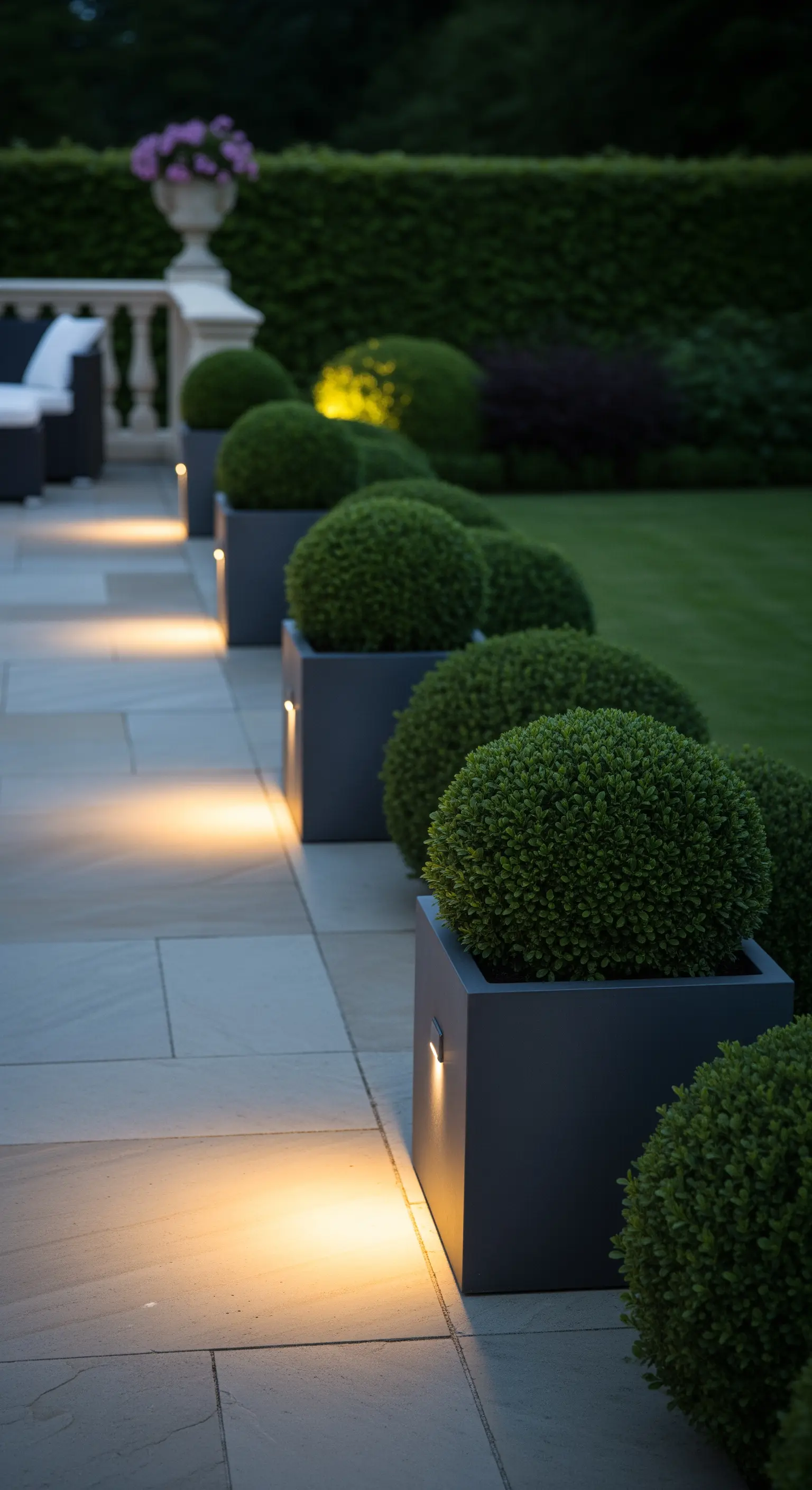 Eine Reihe moderner, dunkler Pflanzkübel mit Buchsbaumkugeln, die den Weg mit integriertem Licht säumen.