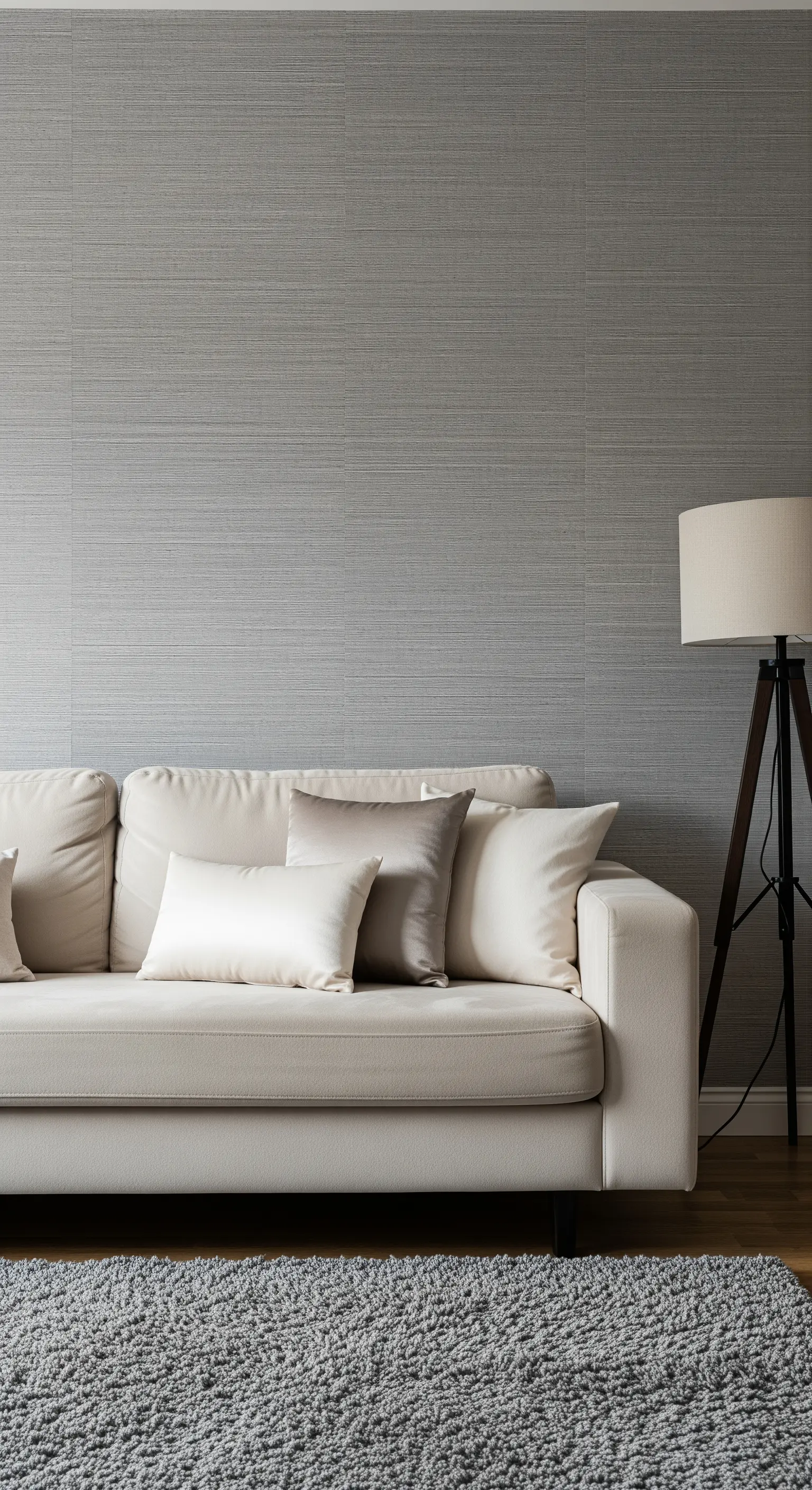 Cremefarbenes Sofa vor einer grauen Wand mit feiner, horizontaler Textilstruktur.