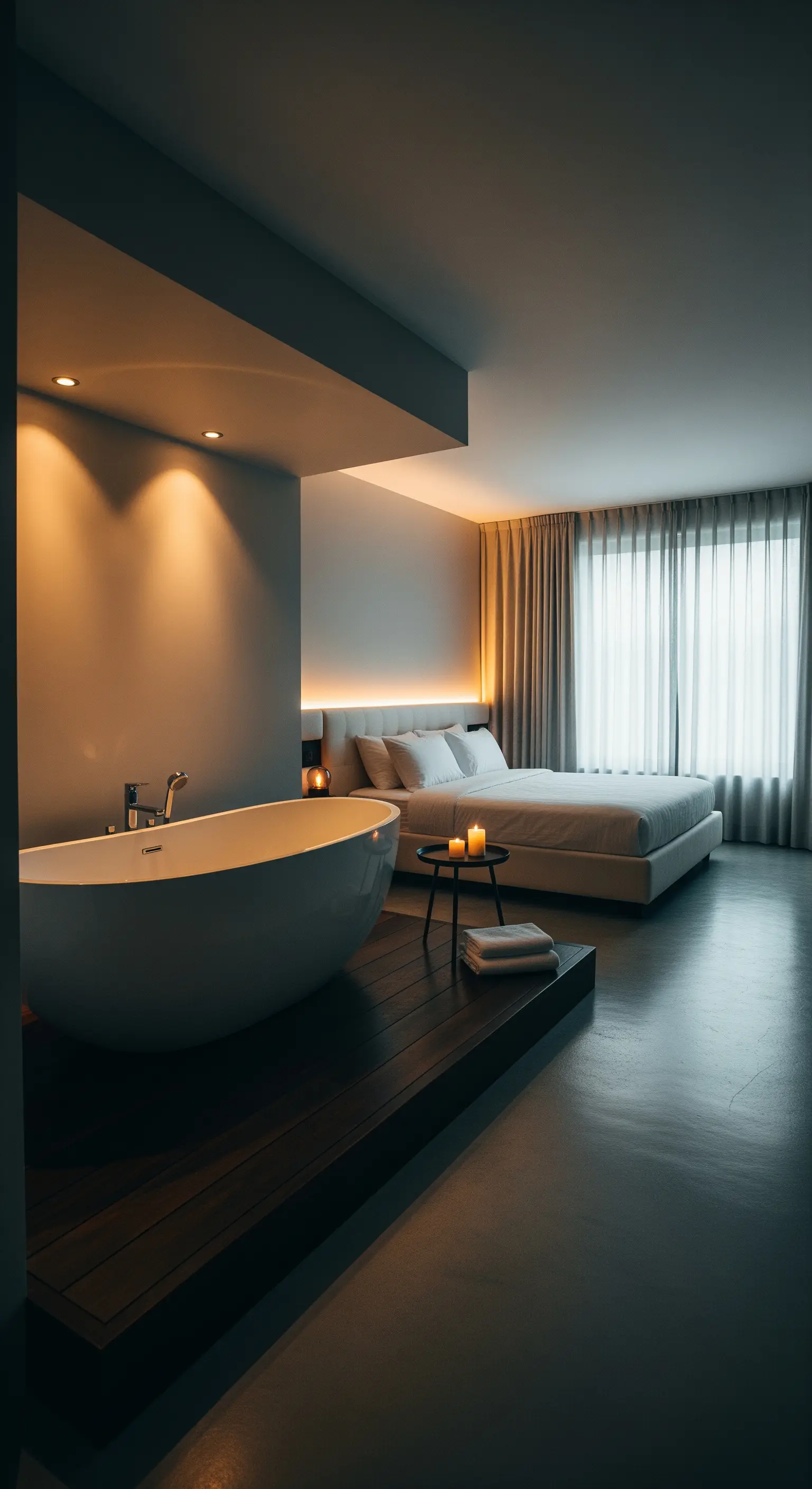 Offenes Schlafzimmer mit einer freistehenden Badewanne auf einem Holzpodest.