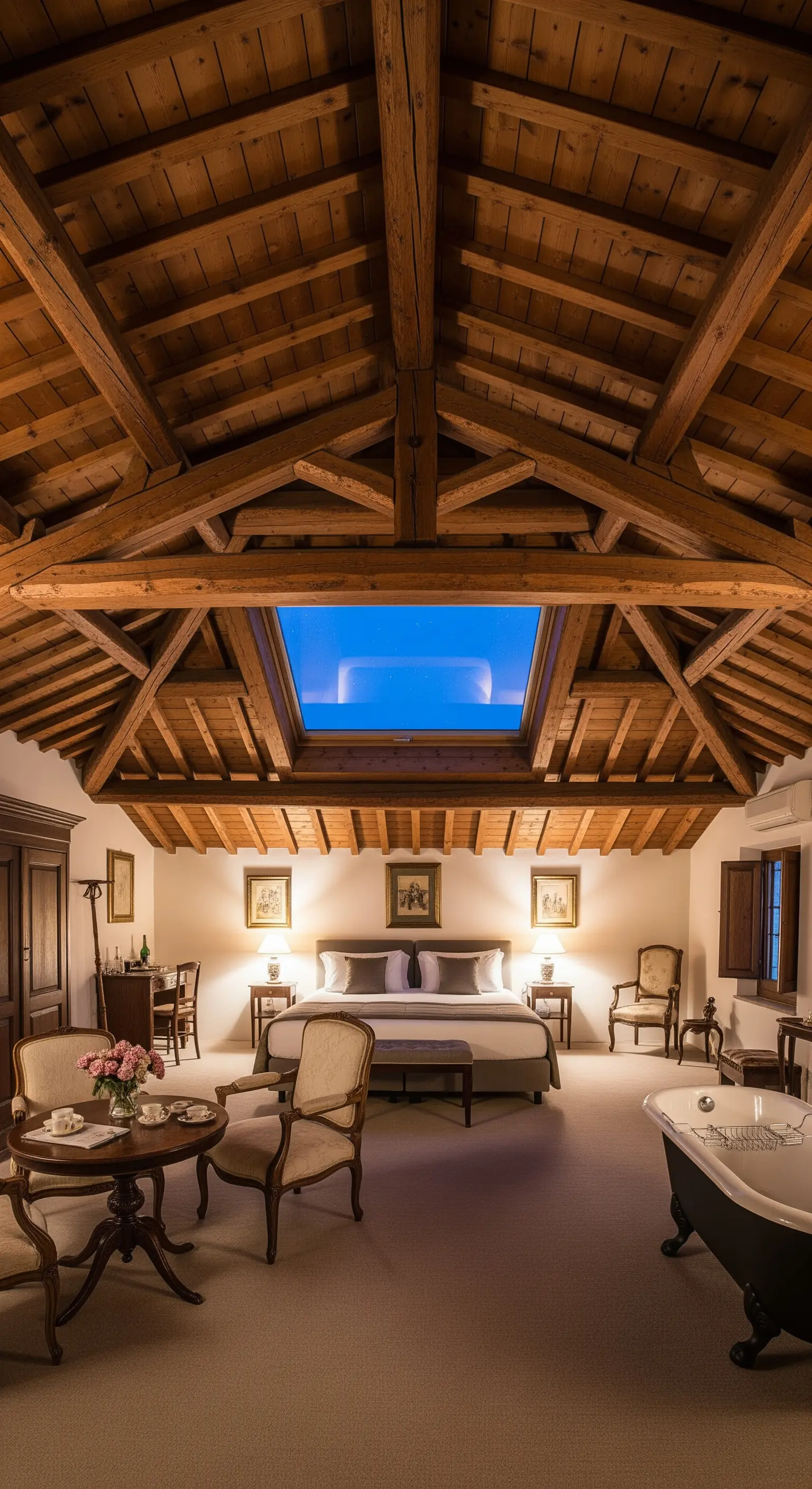 Luxuriöses Dachgeschoss-Schlafzimmer mit Holzbalken, Dachfenster und symmetrischer Anordnung.