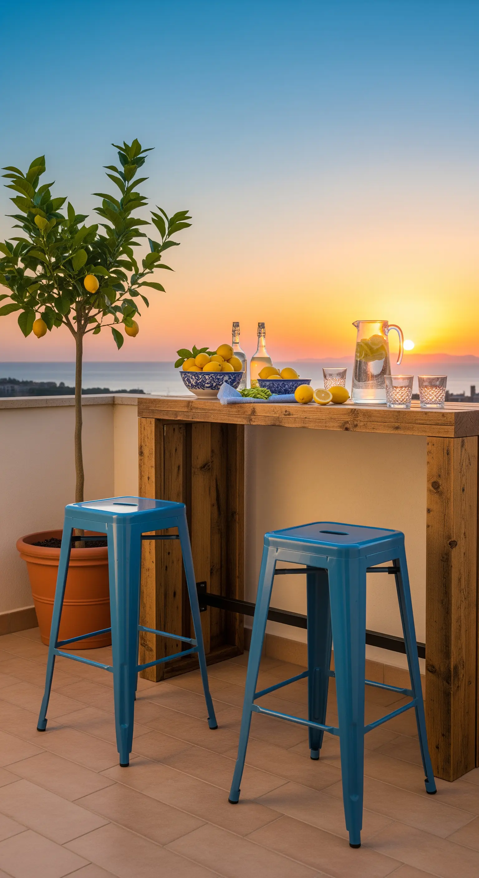 Balkon-Bar mit hohem Holztisch und blauen Metallhockern bei Sonnenuntergang.